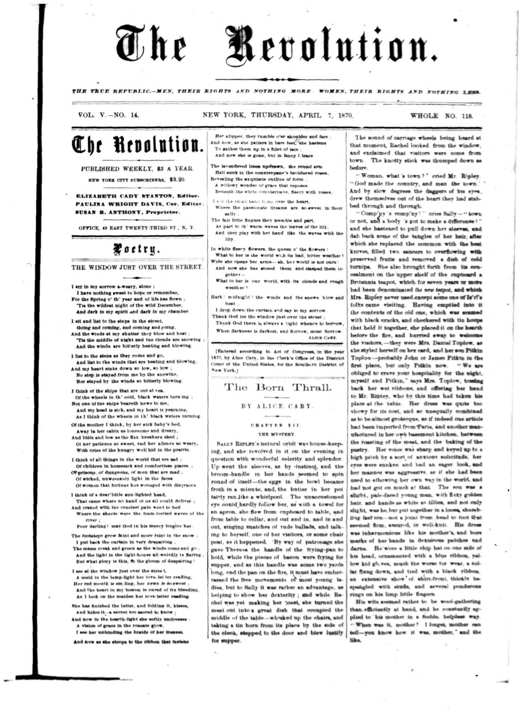 Page 1 of The Revolution, vol. 5, no. 14, April 7, 1870, p. 209