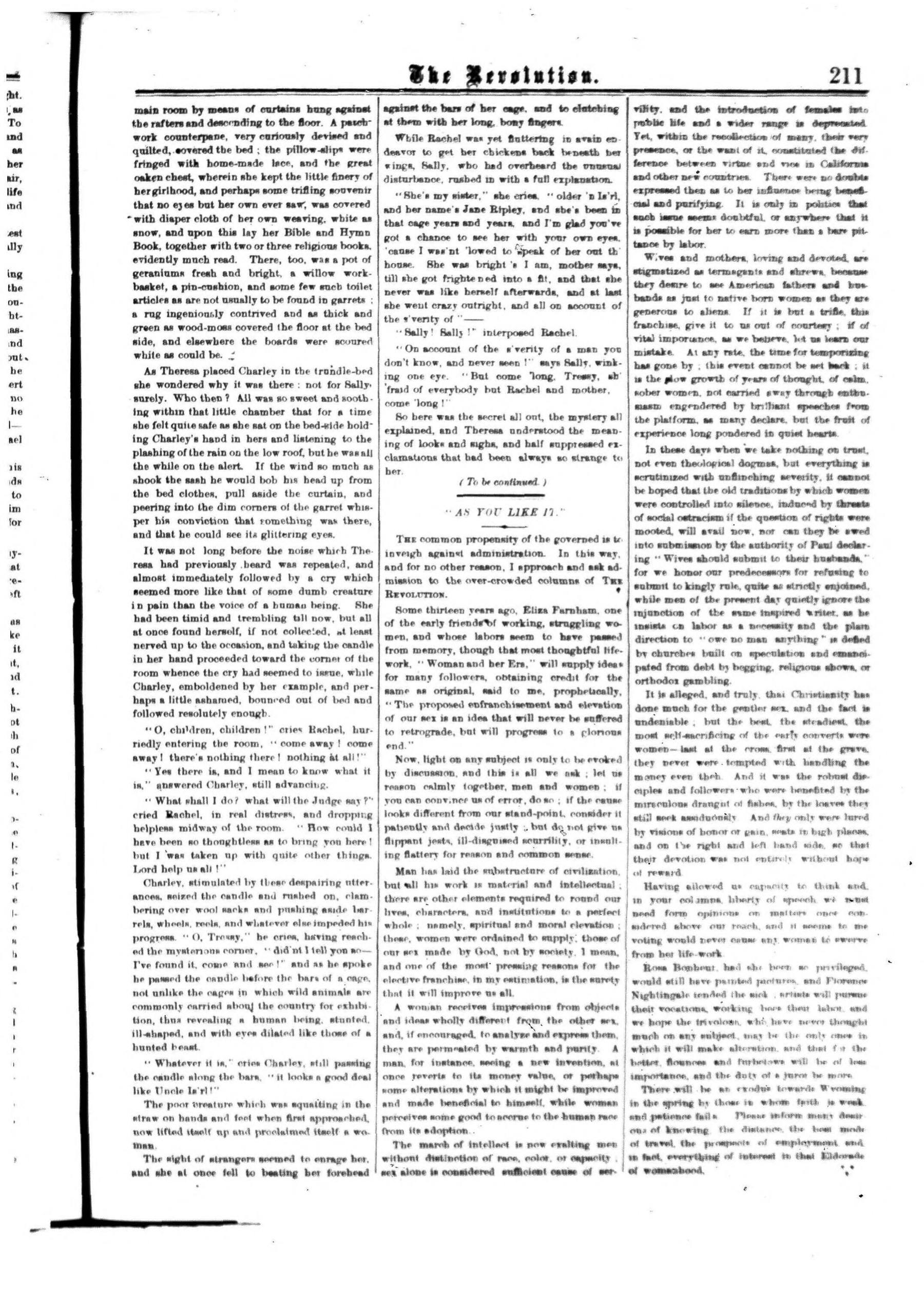 Page 3 of The Revolution, vol. 5, no. 14, April 7, 1870, p. 211
