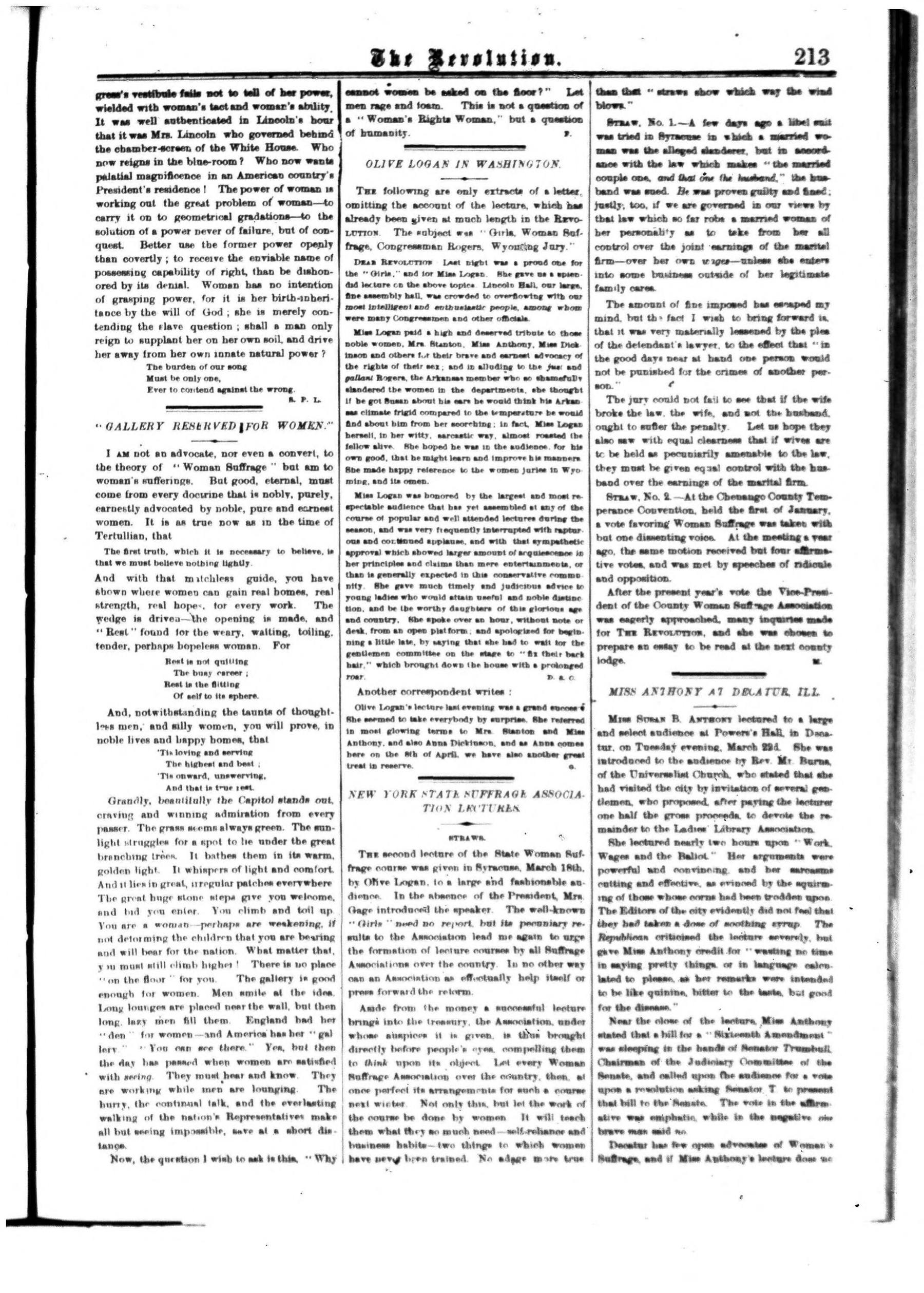 Page 5 of The Revolution, vol. 5, no. 14, April 7, 1870, p. 213