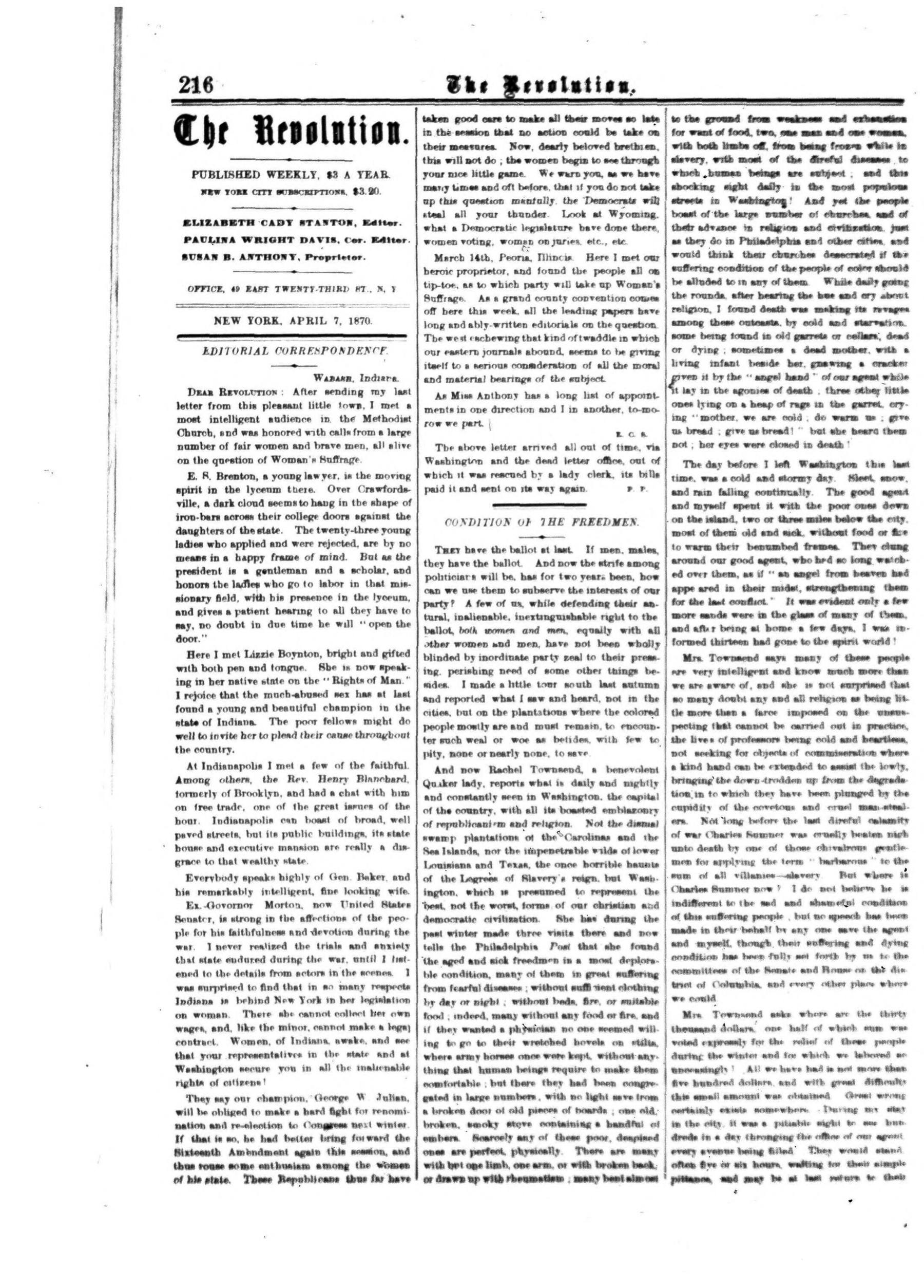 Page 8 of The Revolution, vol. 5, no. 14, April 7, 1870, p. 216