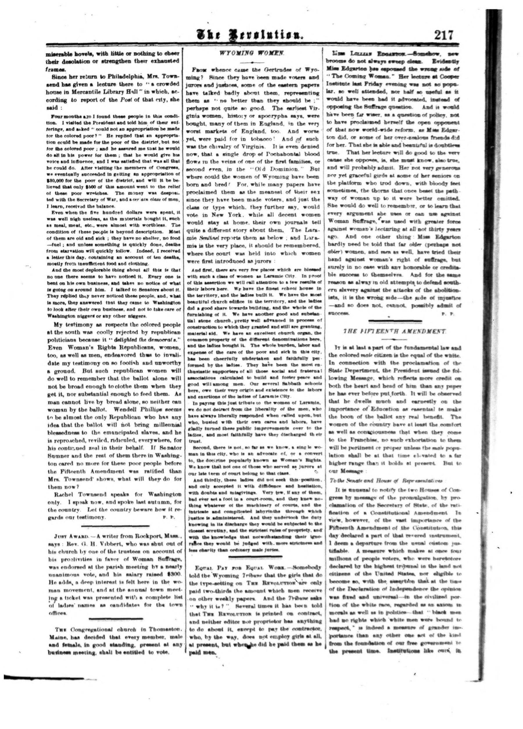 Page 9 of The Revolution, vol. 5, no. 14, April 7, 1870, p. 217