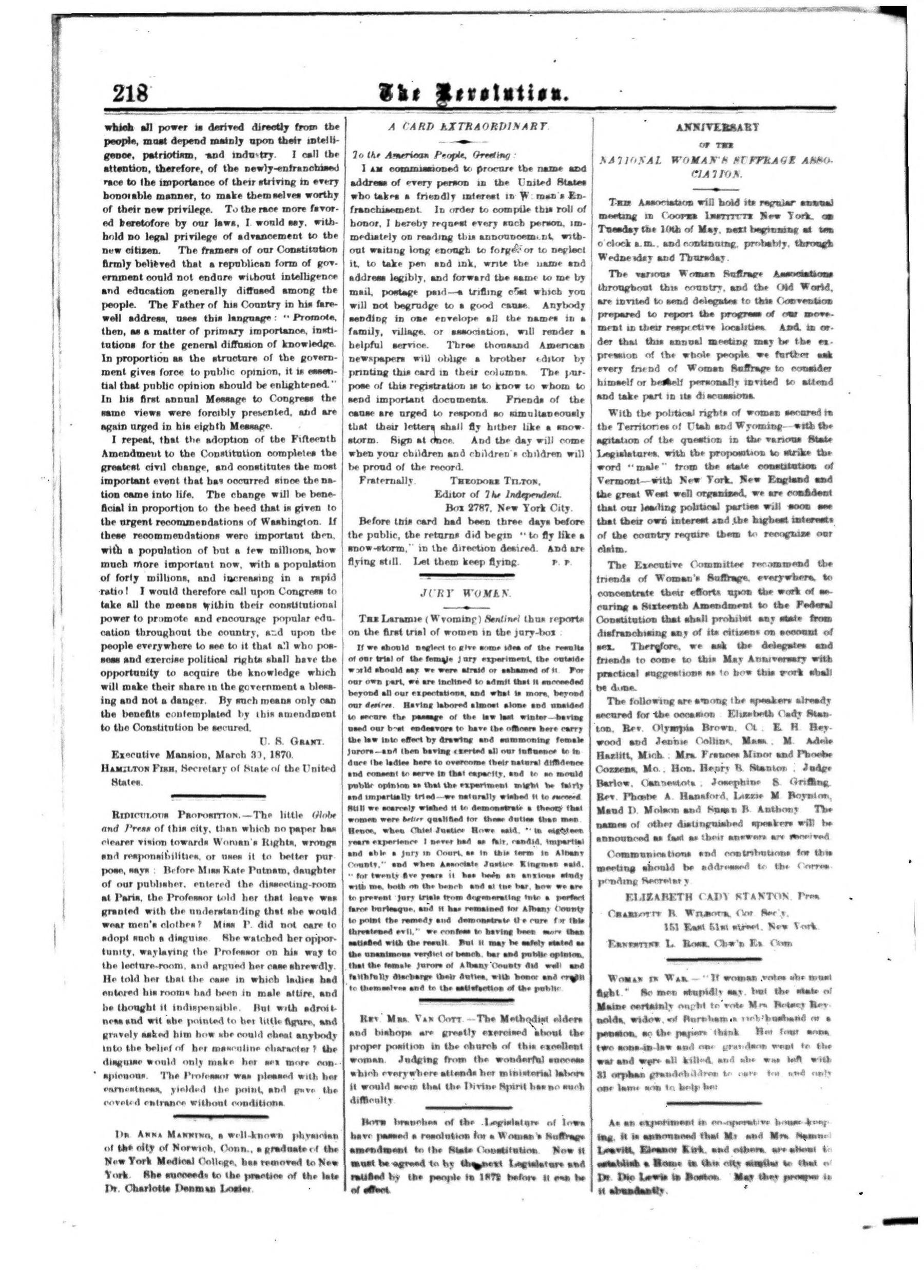Page 10 of The Revolution, vol. 5, no. 14, April 7, 1870, p. 218