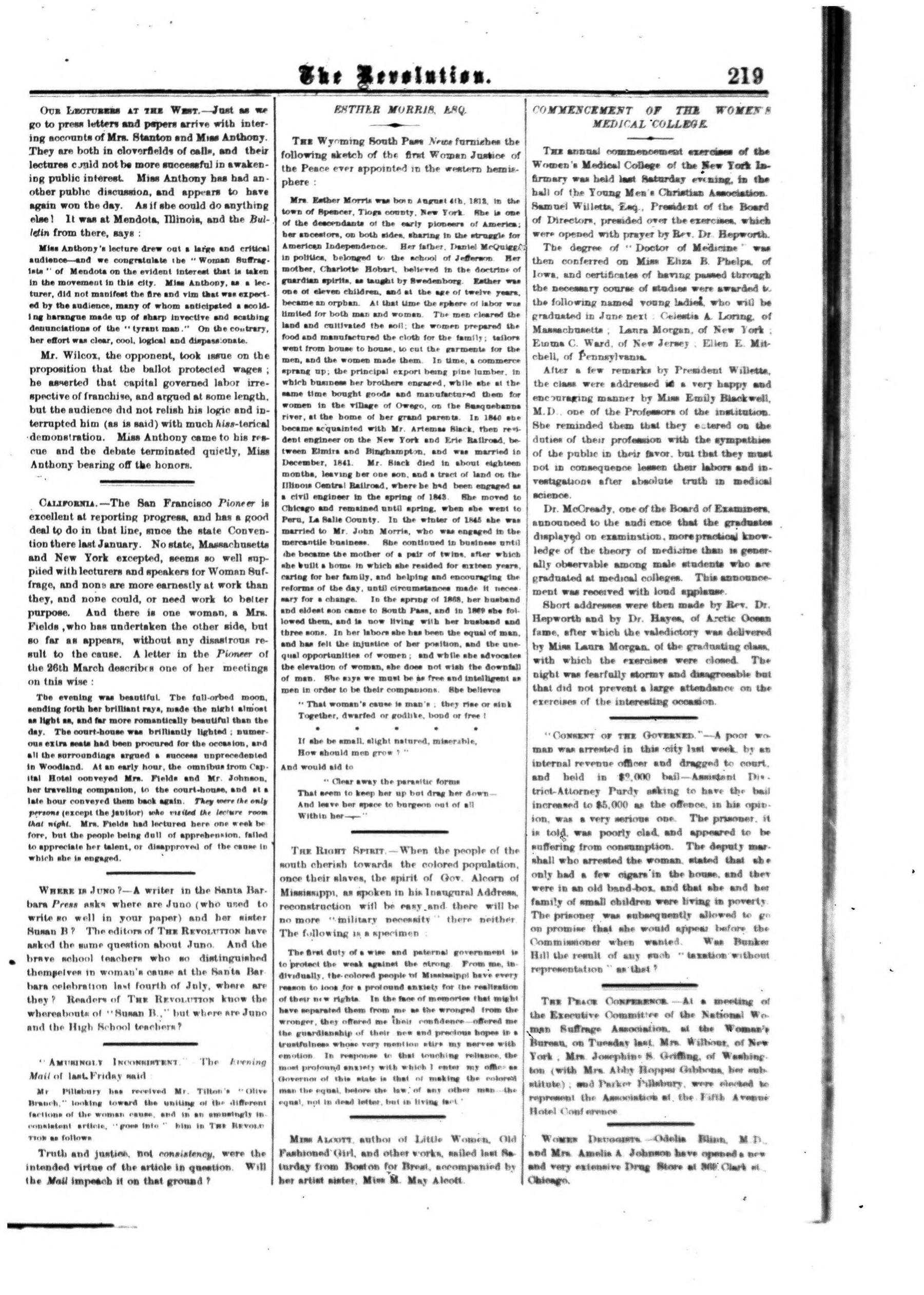 Page 11 of The Revolution, vol. 5, no. 14, April 7, 1870, p. 219