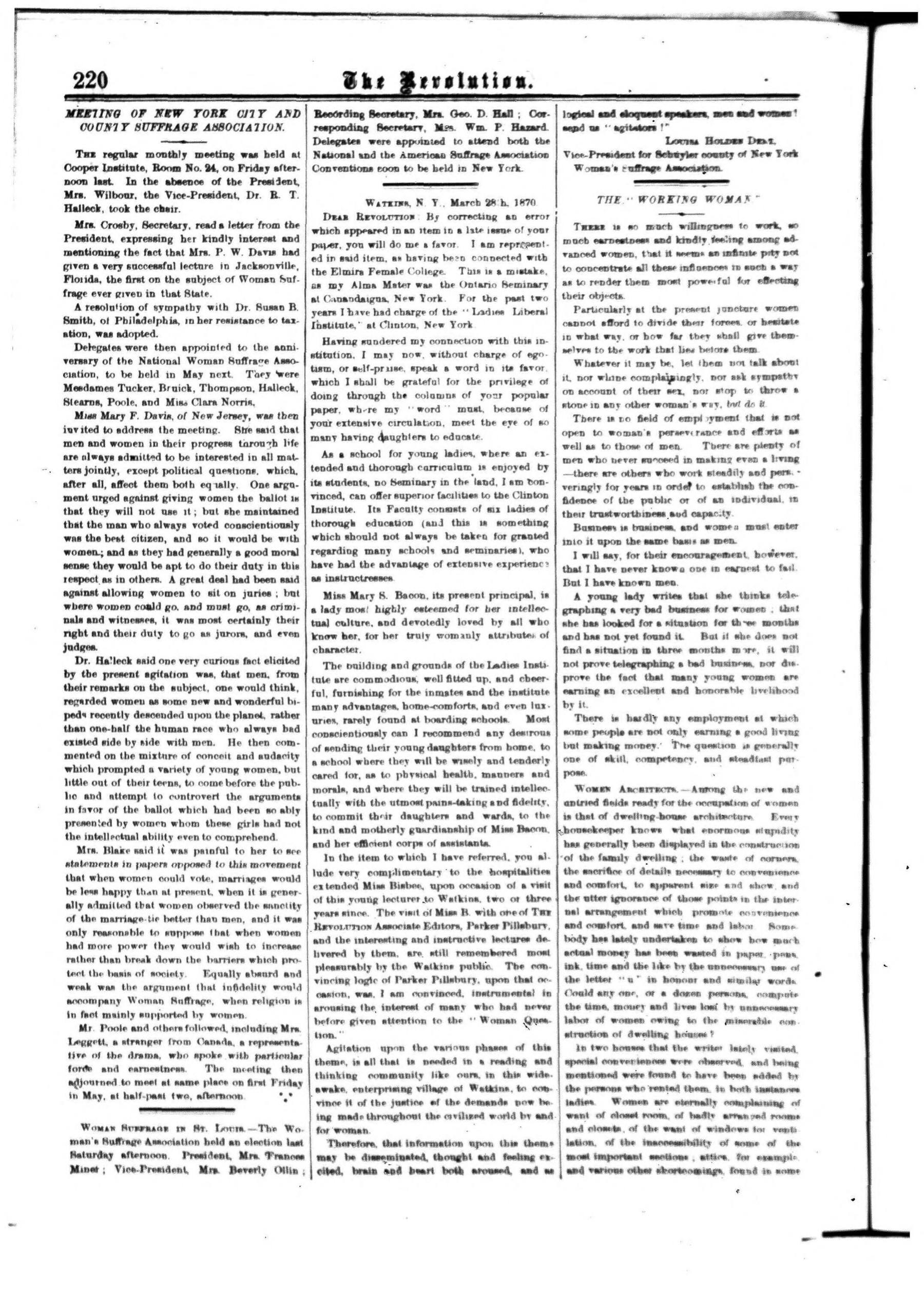 Page 12 of The Revolution, vol. 5, no. 14, April 7, 1870, p. 220