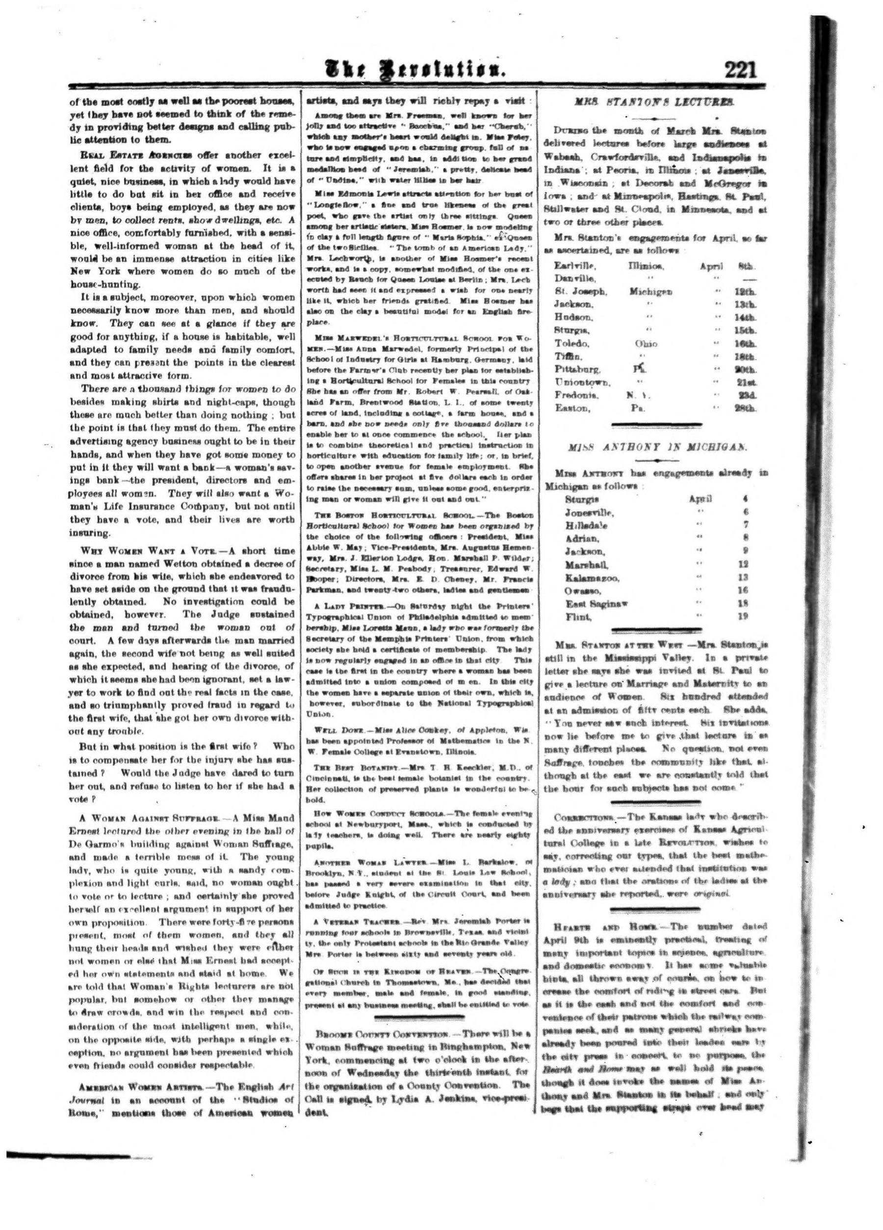 Page 13 of The Revolution, vol. 5, no. 14, April 7, 1870, p. 221