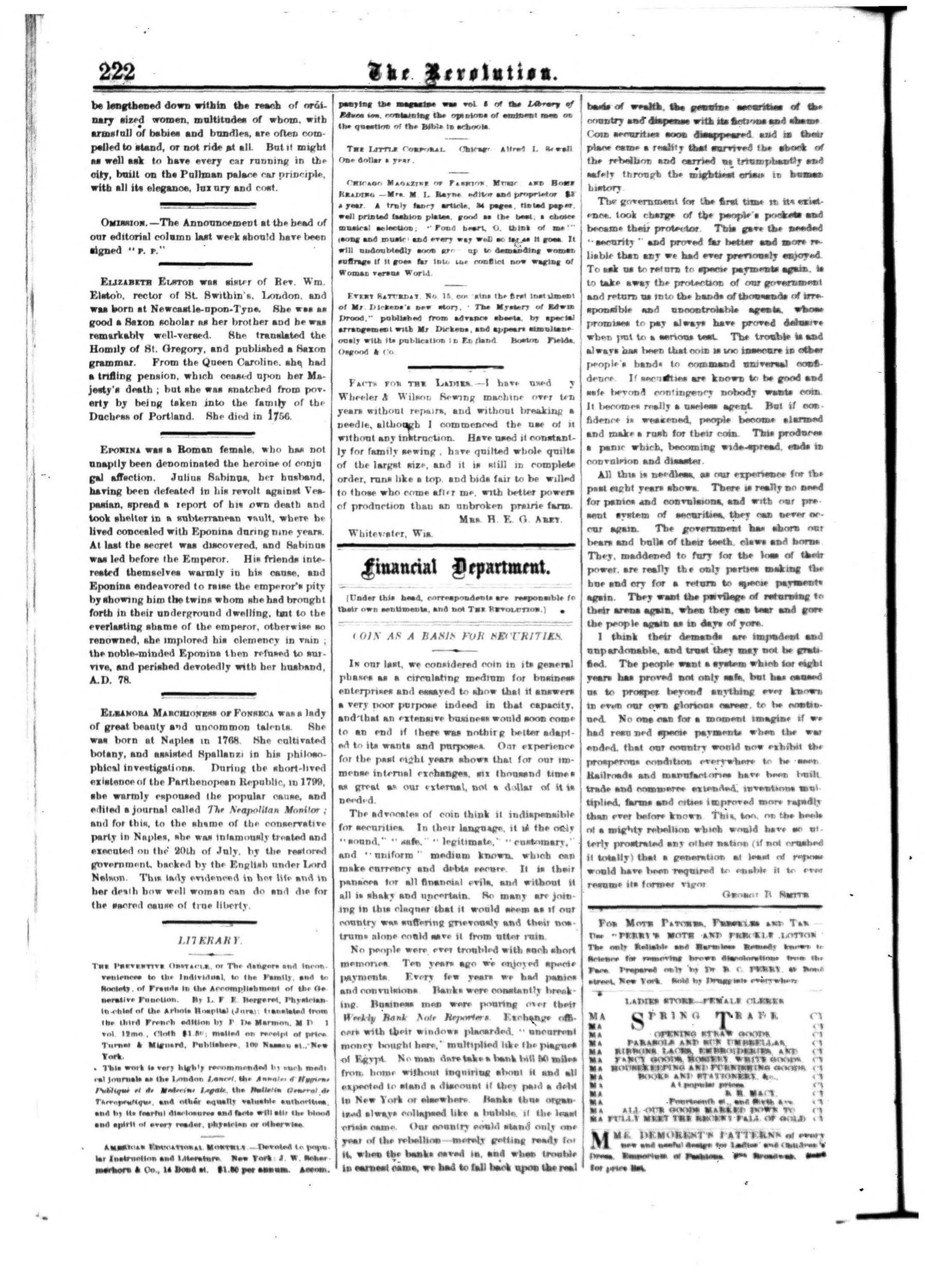 Page 14 of The Revolution, vol. 5, no. 14, April 7, 1870, p. 222