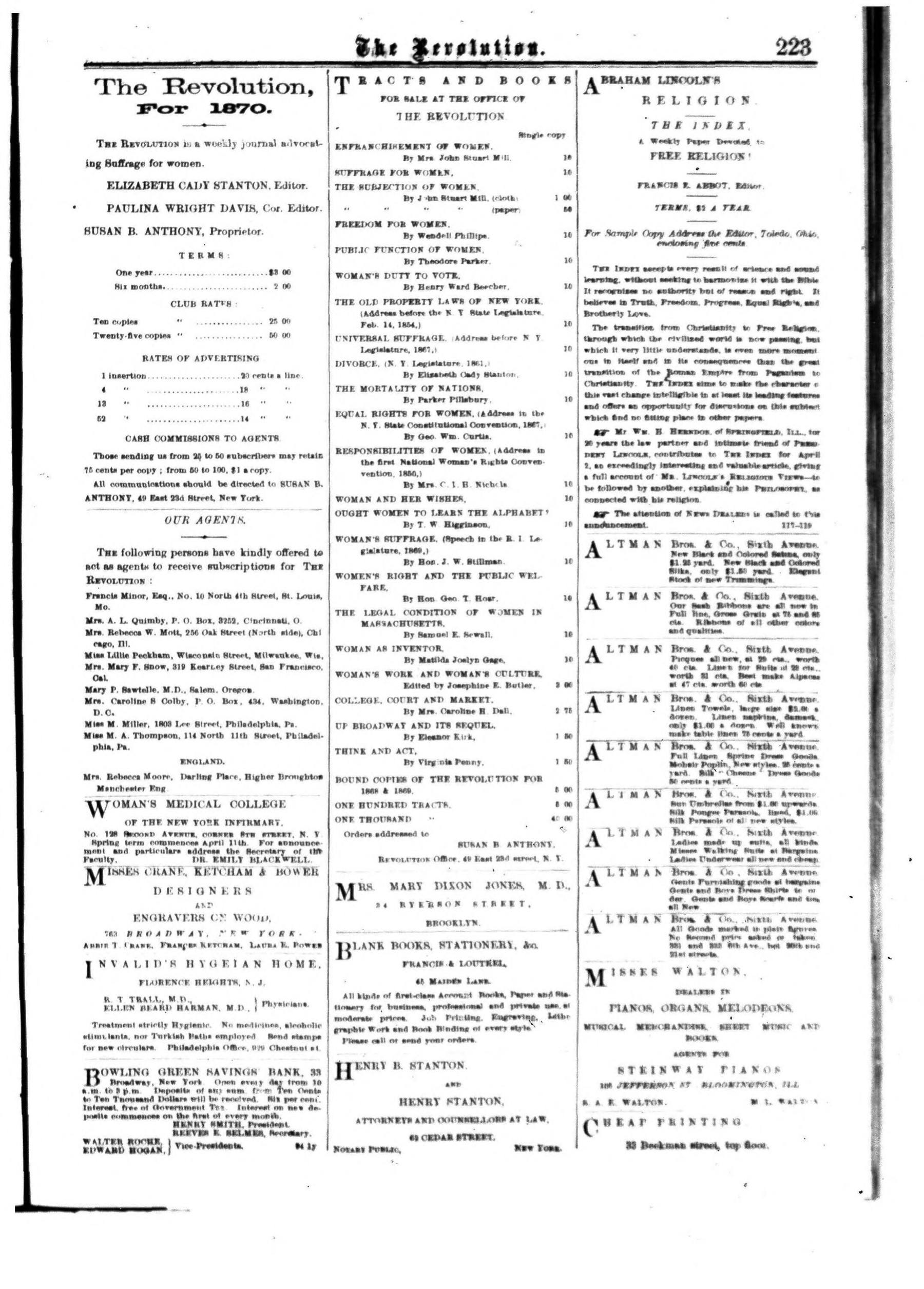 Page 15 of The Revolution, vol. 5, no. 14, April 7, 1870, p. 223