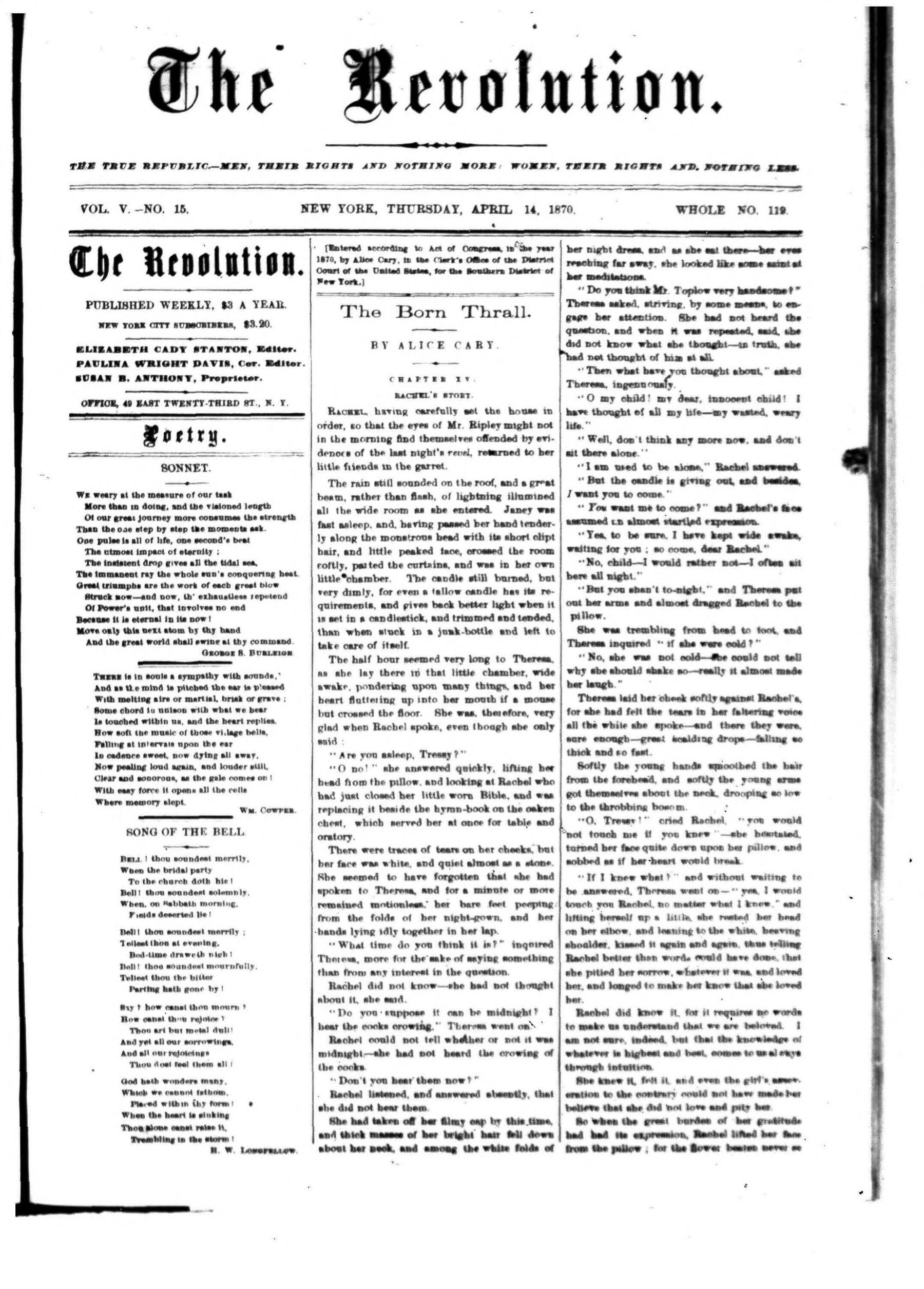 Page 1 of The Revolution, vol. 5, no. 15, April 14, 1870, p. 225