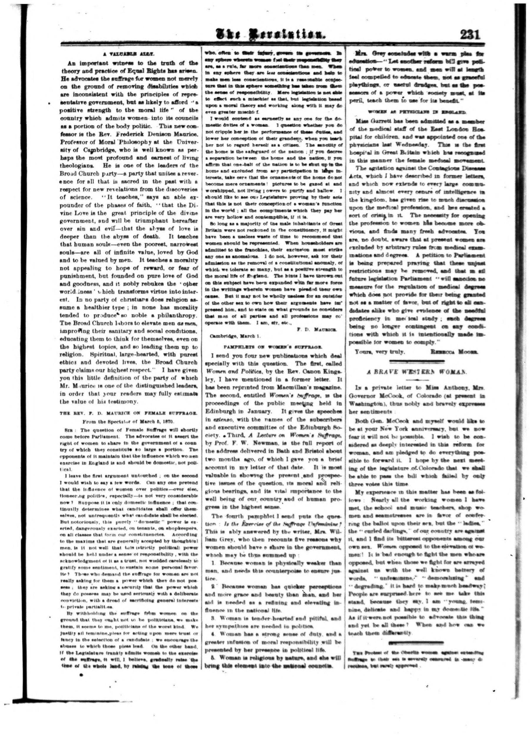 Page 7 of The Revolution, vol. 5, no. 15, April 14, 1870, p. 231