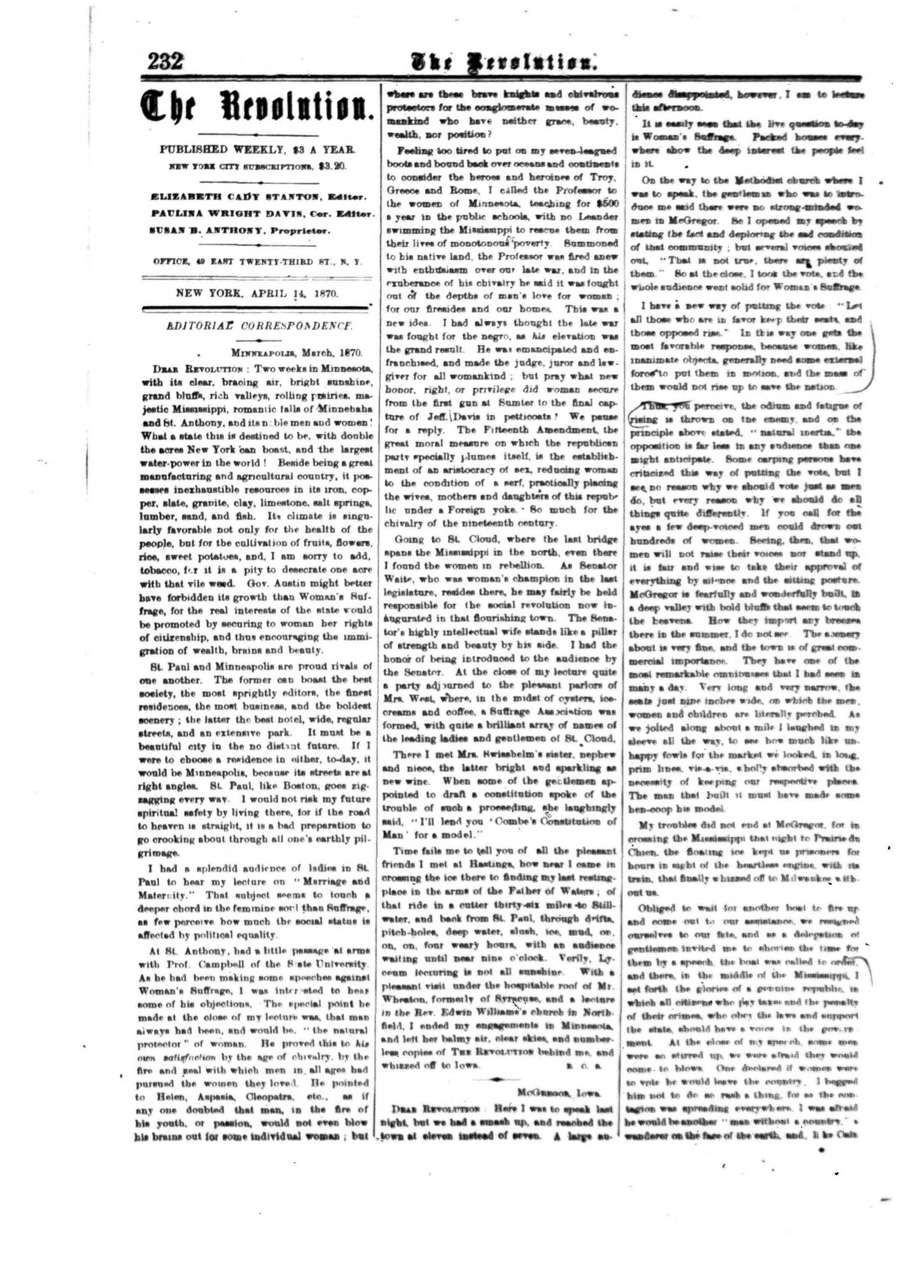 Page 8 of The Revolution, vol. 5, no. 15, April 14, 1870, p. 232