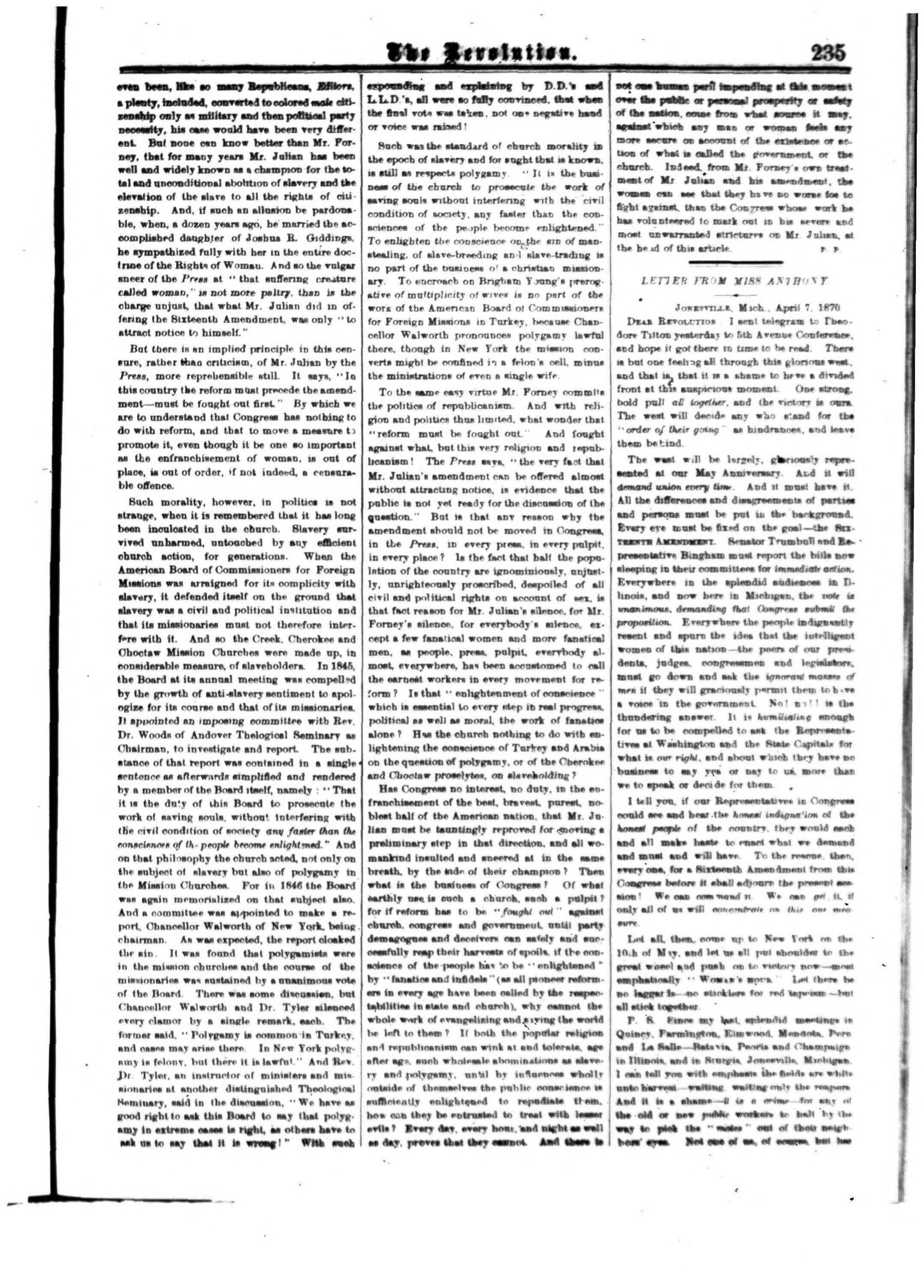 Page 11 of The Revolution, vol. 5, no. 15, April 14, 1870, p. 235