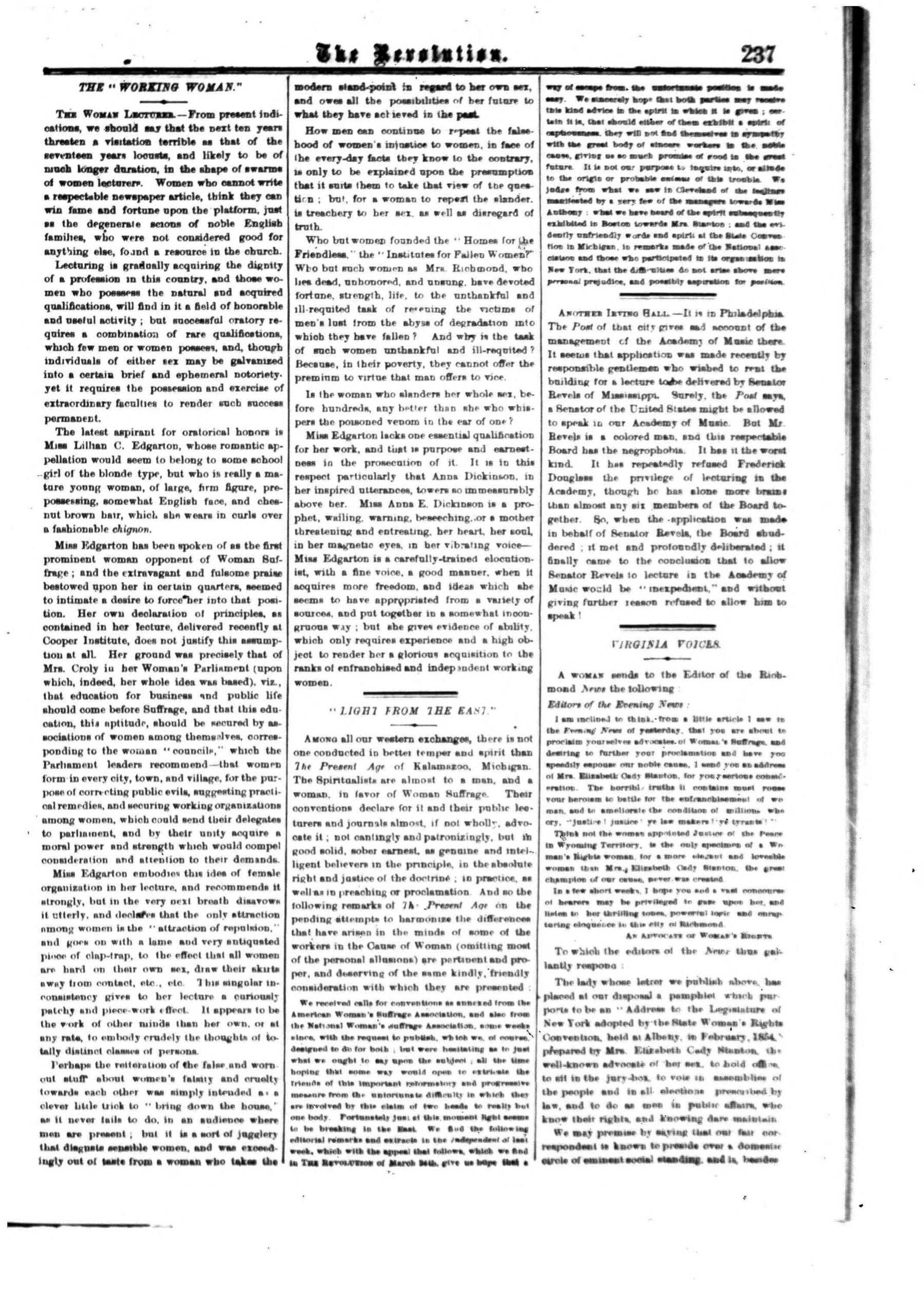 Page 13 of The Revolution, vol. 5, no. 15, April 14, 1870, p. 237