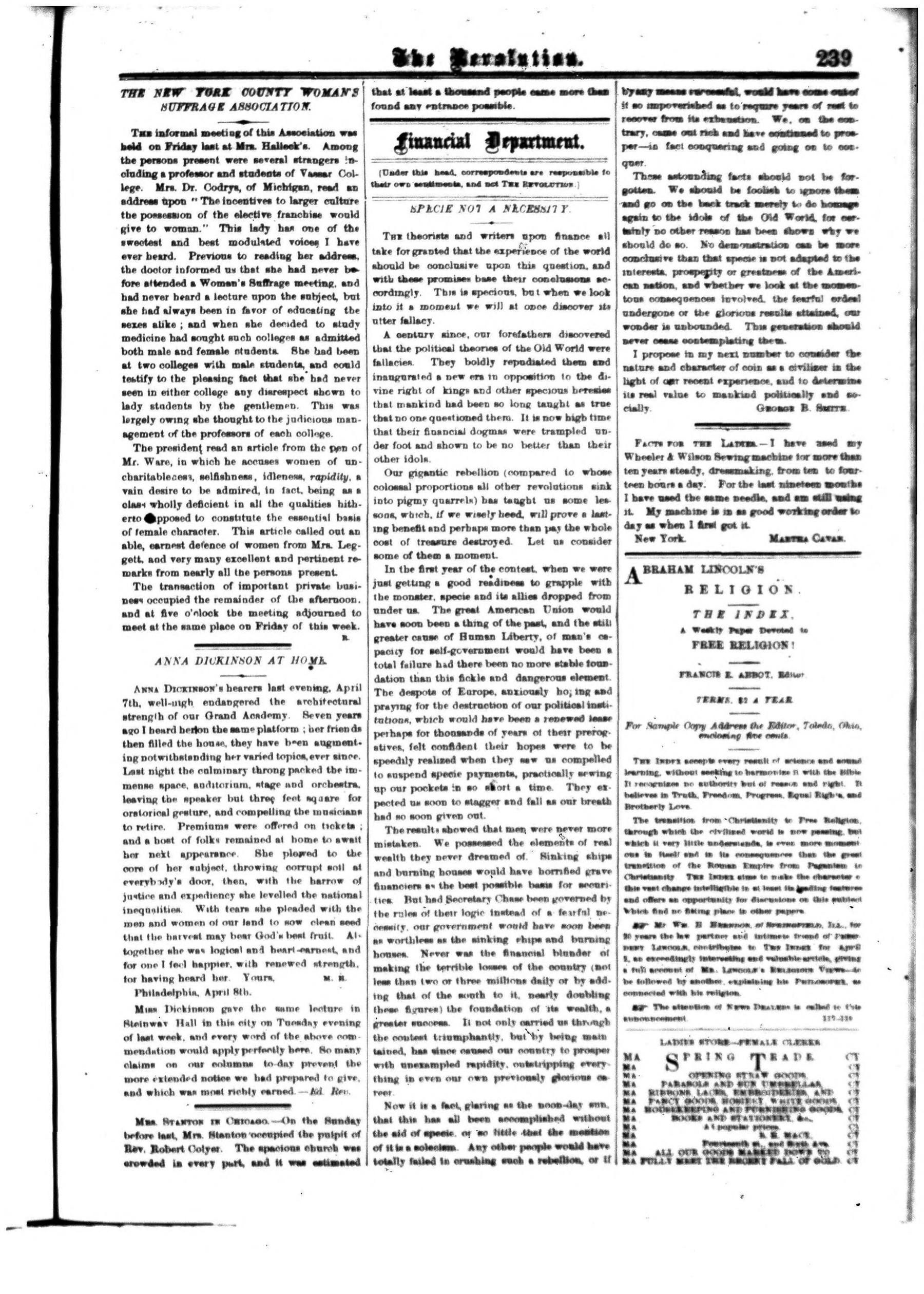 Page 15 of The Revolution, vol. 5, no. 15, April 14, 1870, p. 239