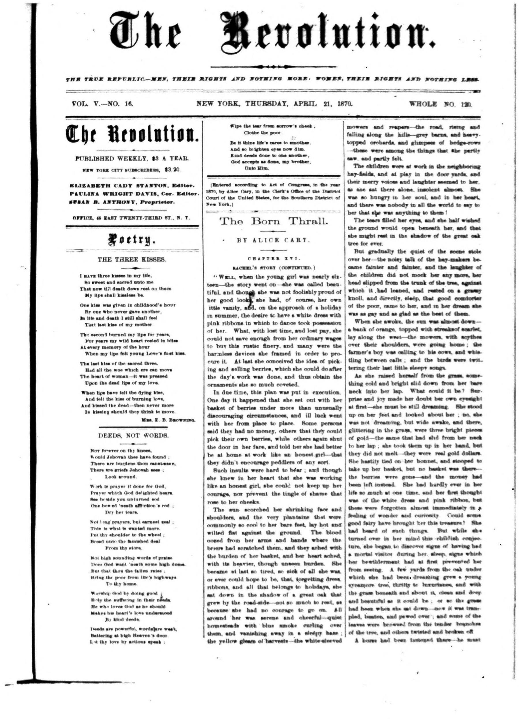 Page 1 of The Revolution, vol. 5, no. 16, April 21, 1870, p. 241