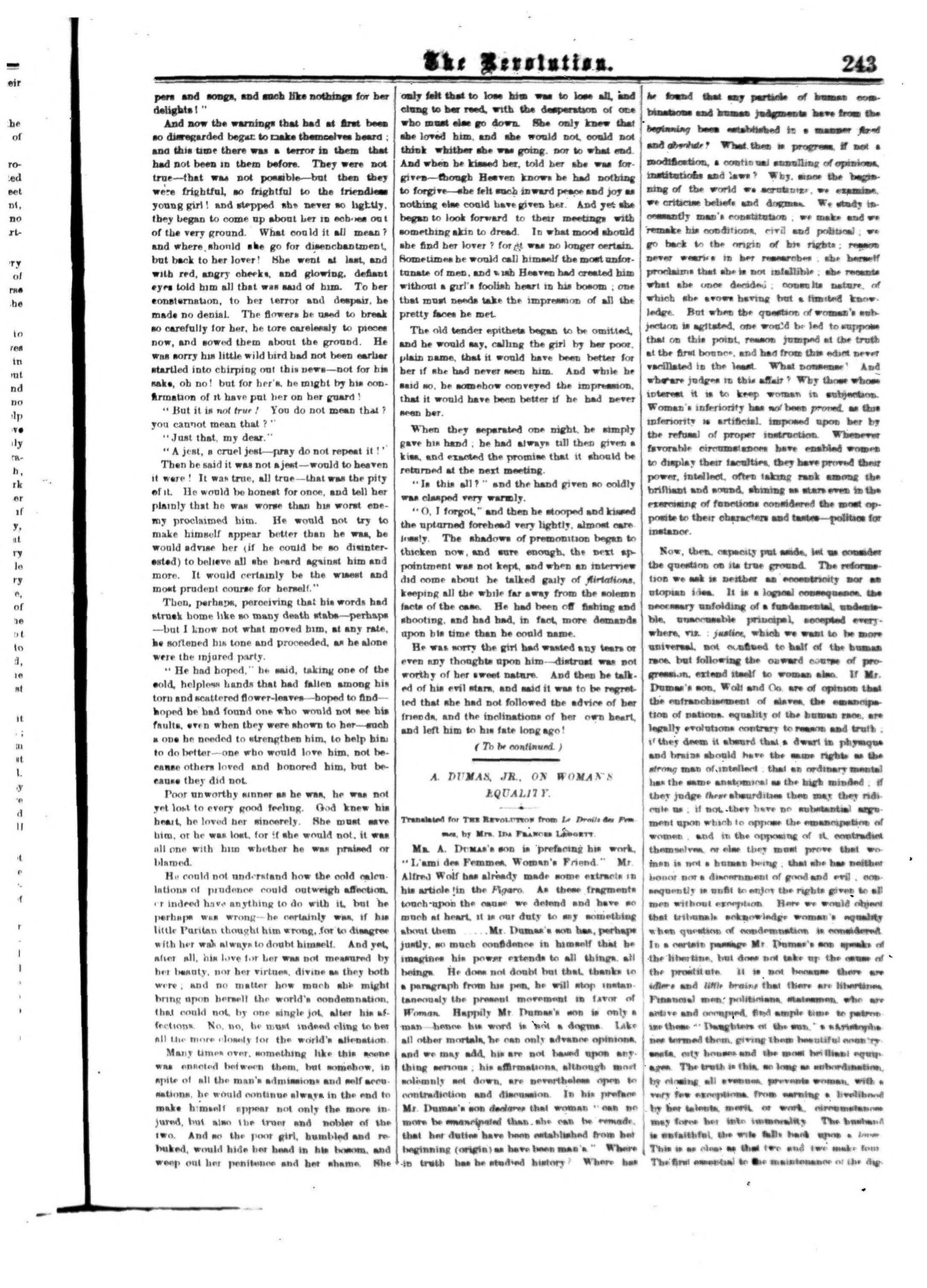 Page 3 of The Revolution, vol. 5, no. 16, April 21, 1870, p. 243
