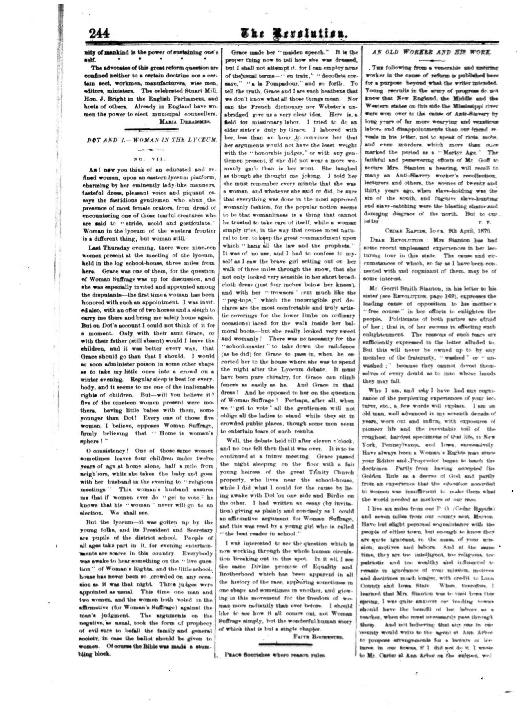 Page 4 of The Revolution, vol. 5, no. 16, April 21, 1870, p. 244