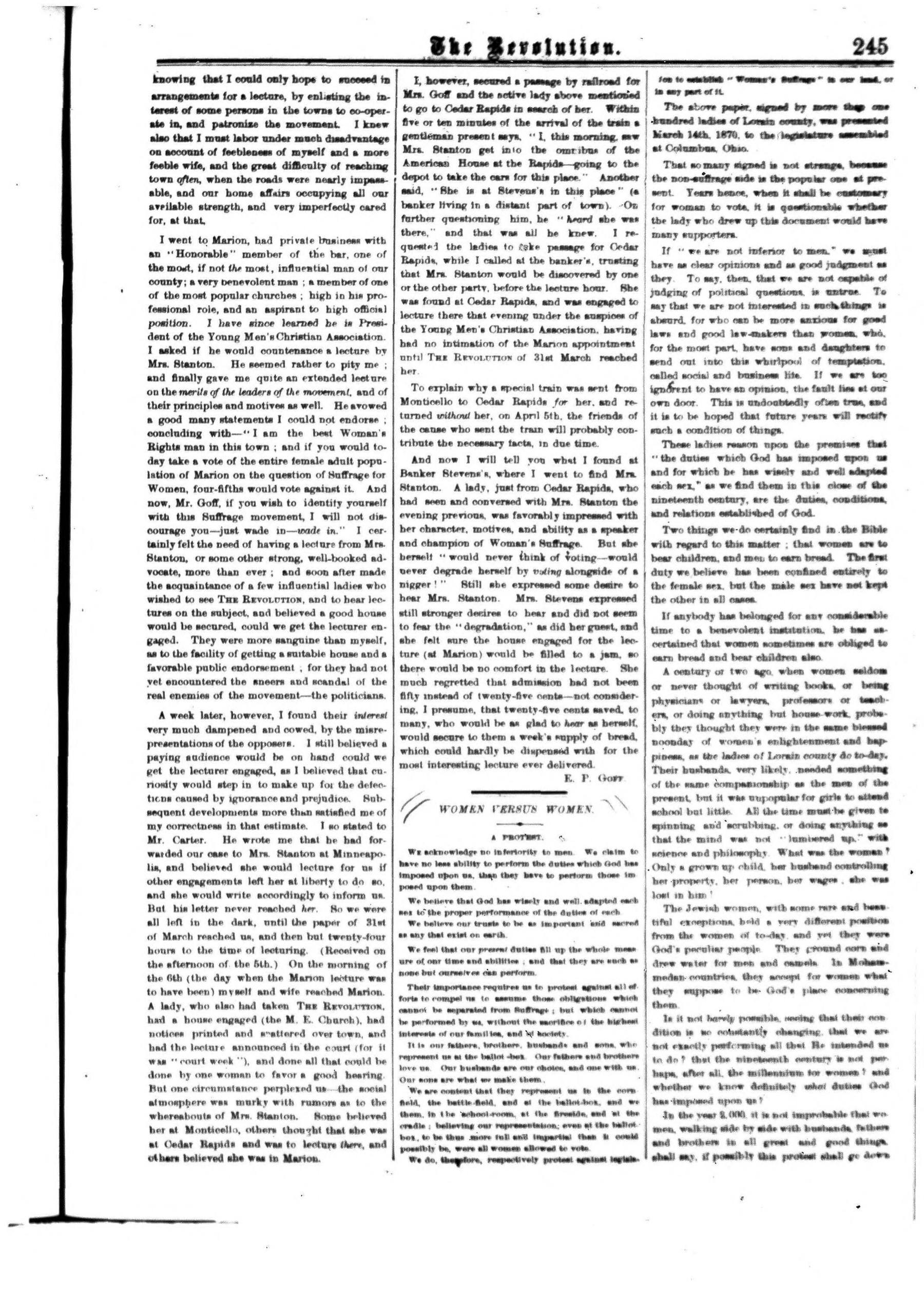 Page 5 of The Revolution, vol. 5, no. 16, April 21, 1870, p. 245