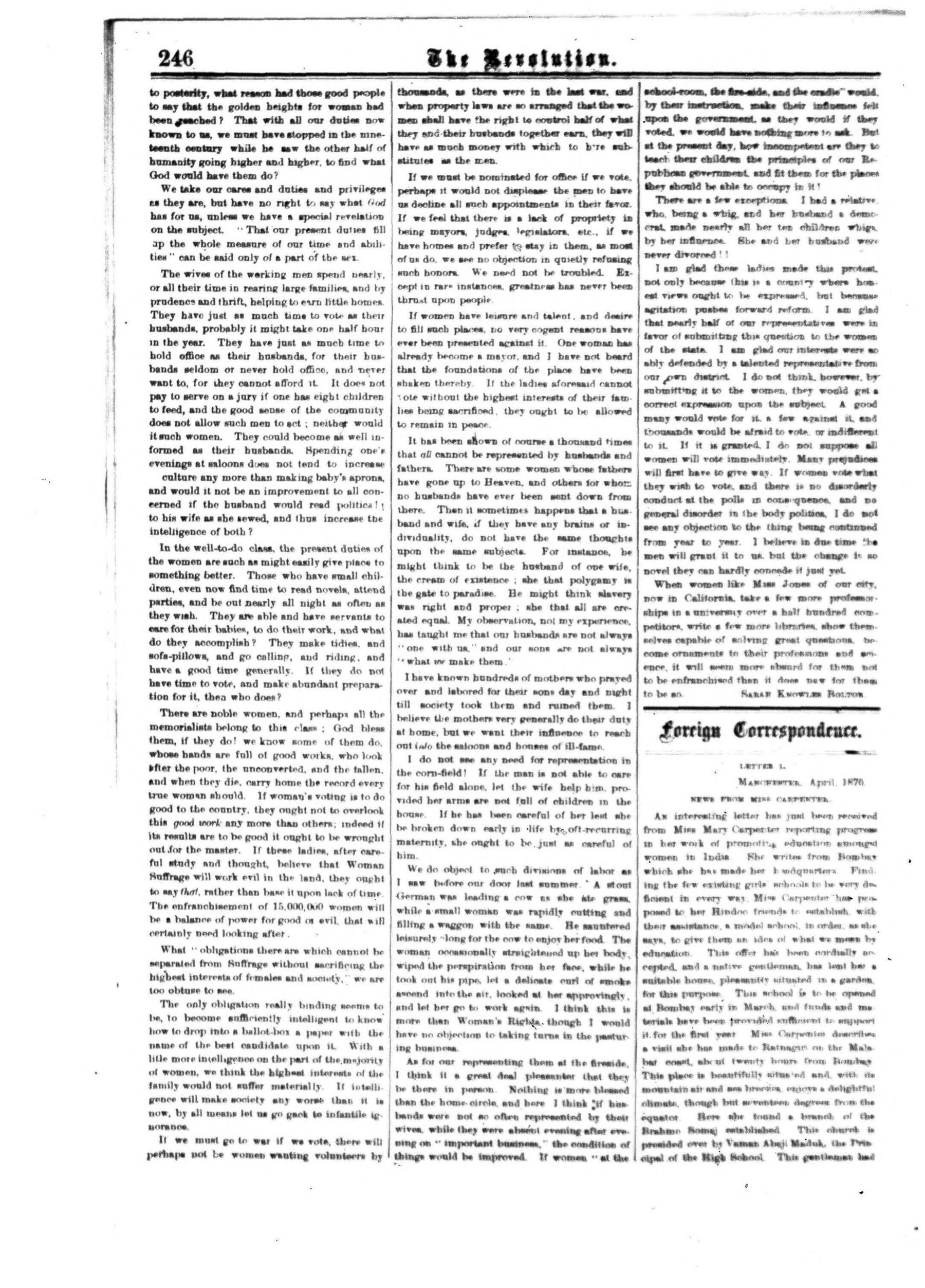 Page 6 of The Revolution, vol. 5, no. 16, April 21, 1870, p. 246