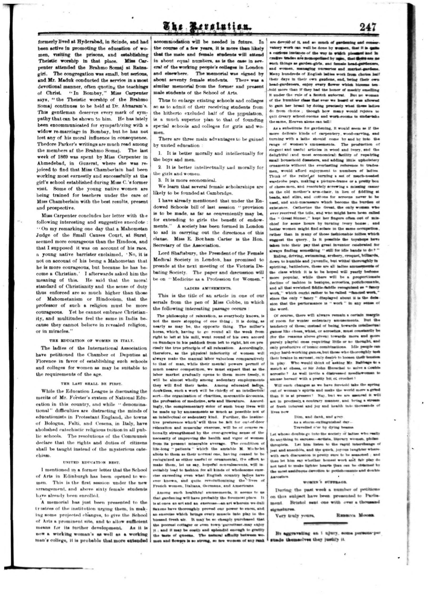Page 7 of The Revolution, vol. 5, no. 16, April 21, 1870, p. 247