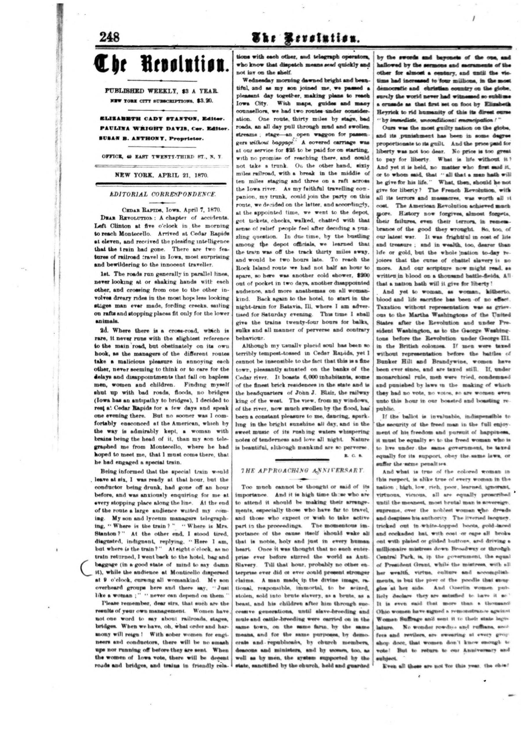 Page 8 of The Revolution, vol. 5, no. 16, April 21, 1870, p. 248