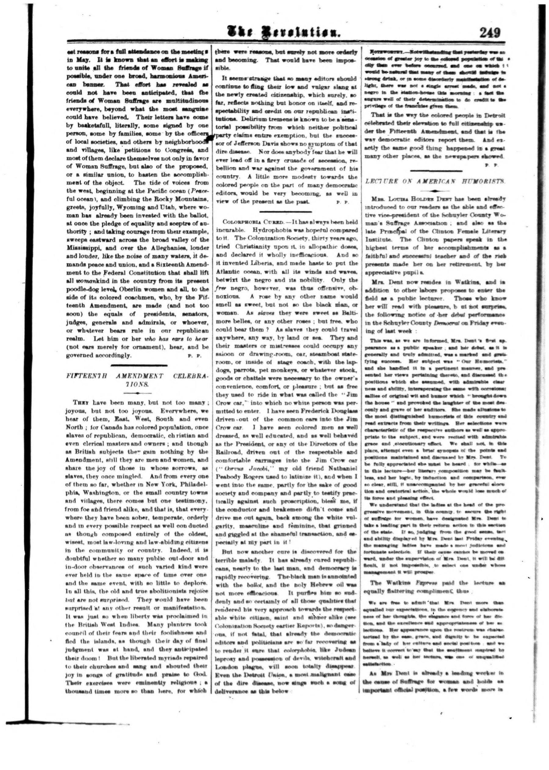 Page 9 of The Revolution, vol. 5, no. 16, April 21, 1870, p. 249