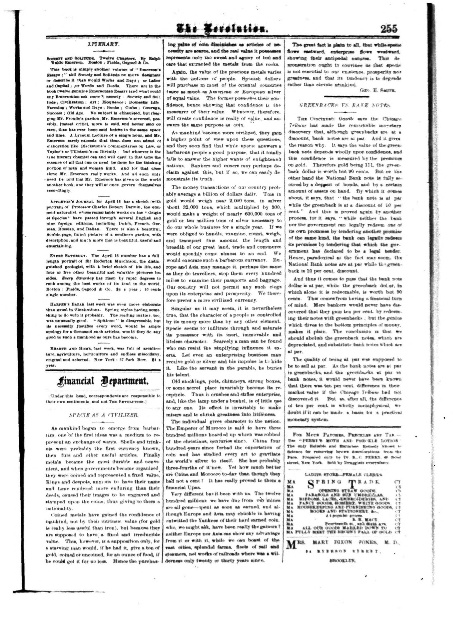 Page 15 of The Revolution, vol. 5, no. 16, April 21, 1870, p. 255