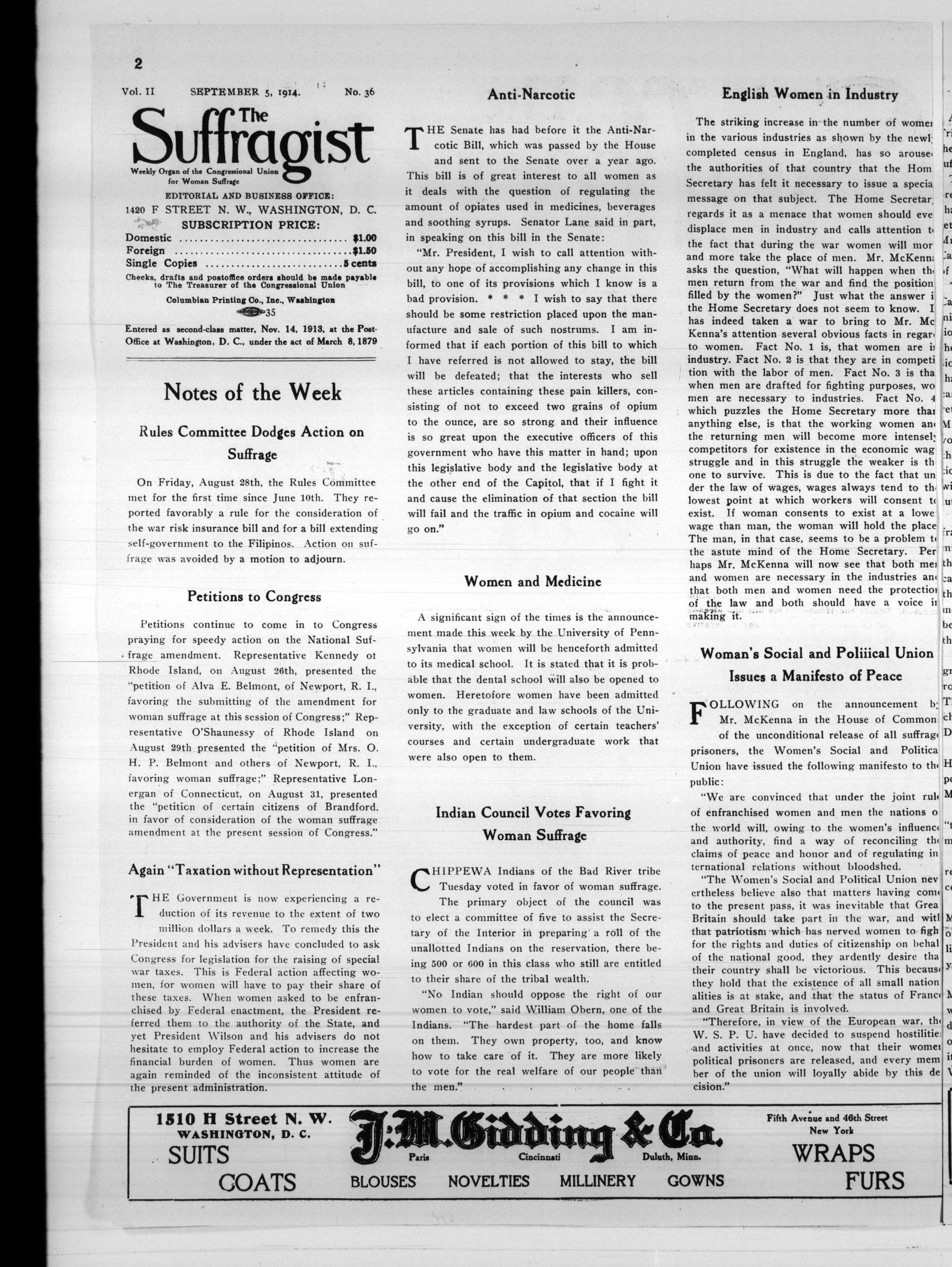 Page 2 of The Suffragist, vol. 2, no. 36, September 5, 1914, p. 2