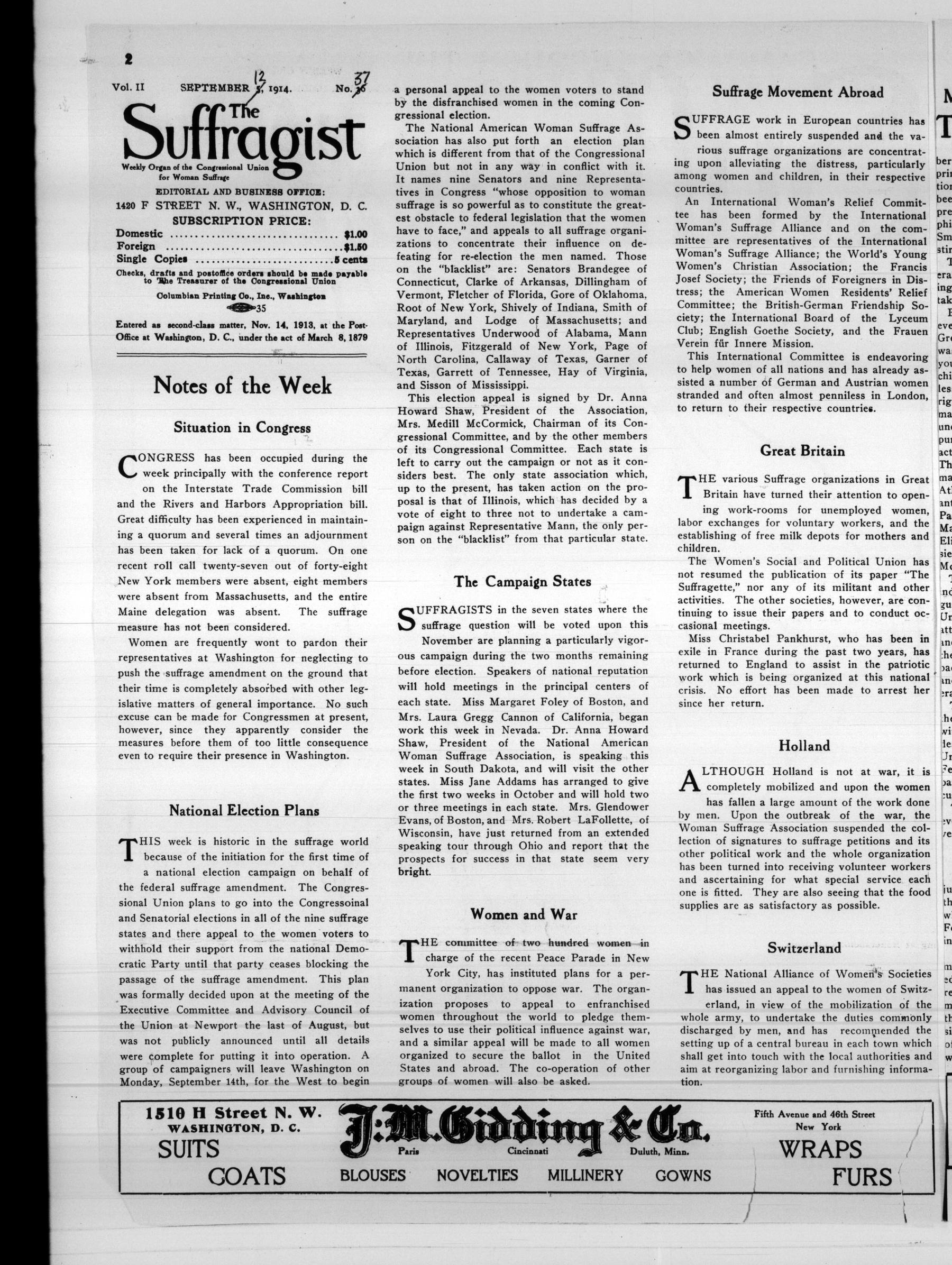 Page 2 of The Suffragist, vol. 2, no. 37, September 12, 1914, p. 2