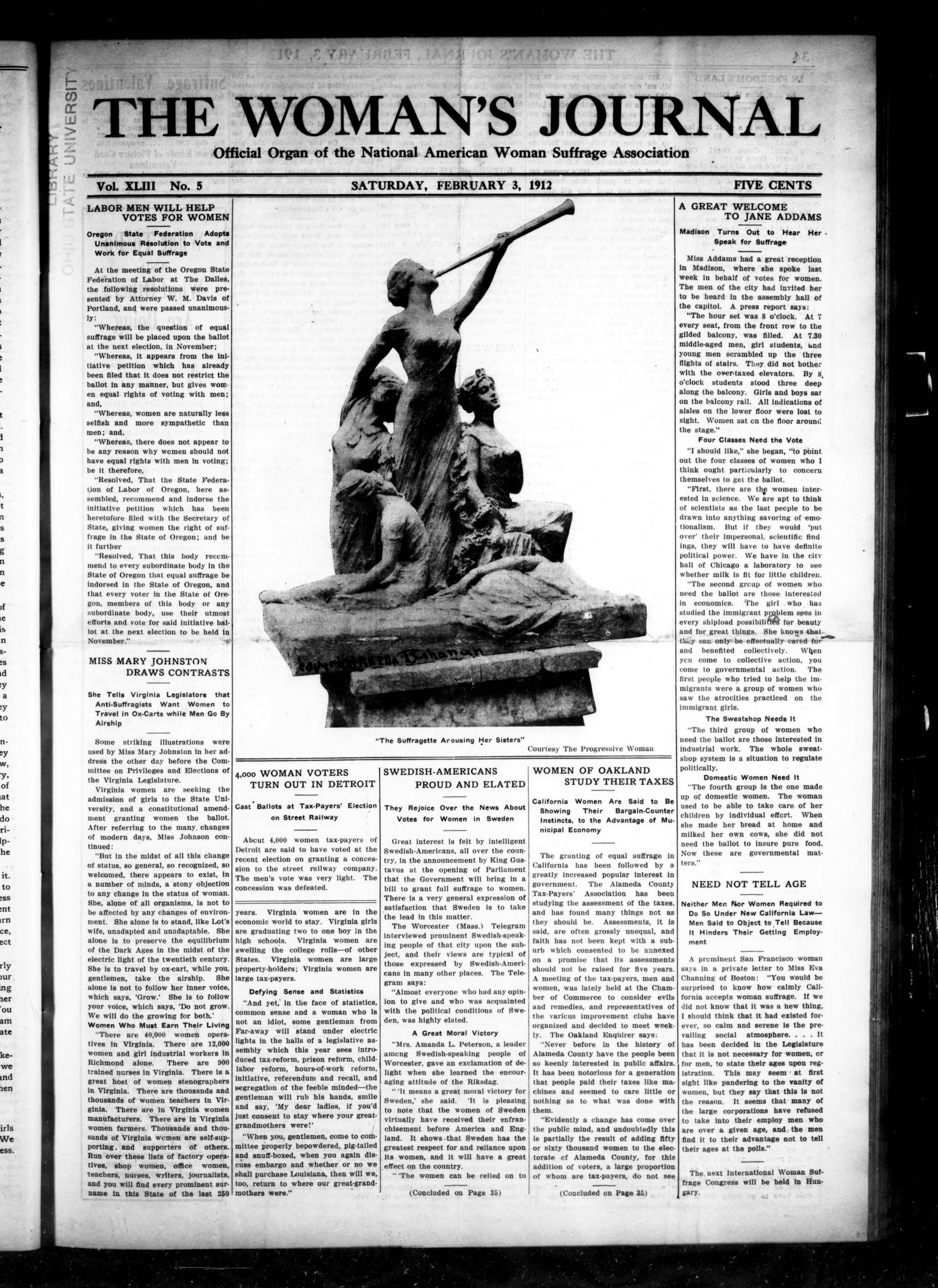 Page 1 of The Woman's Journal, vol. 43, no. 5, February 3, 1912, p. 33