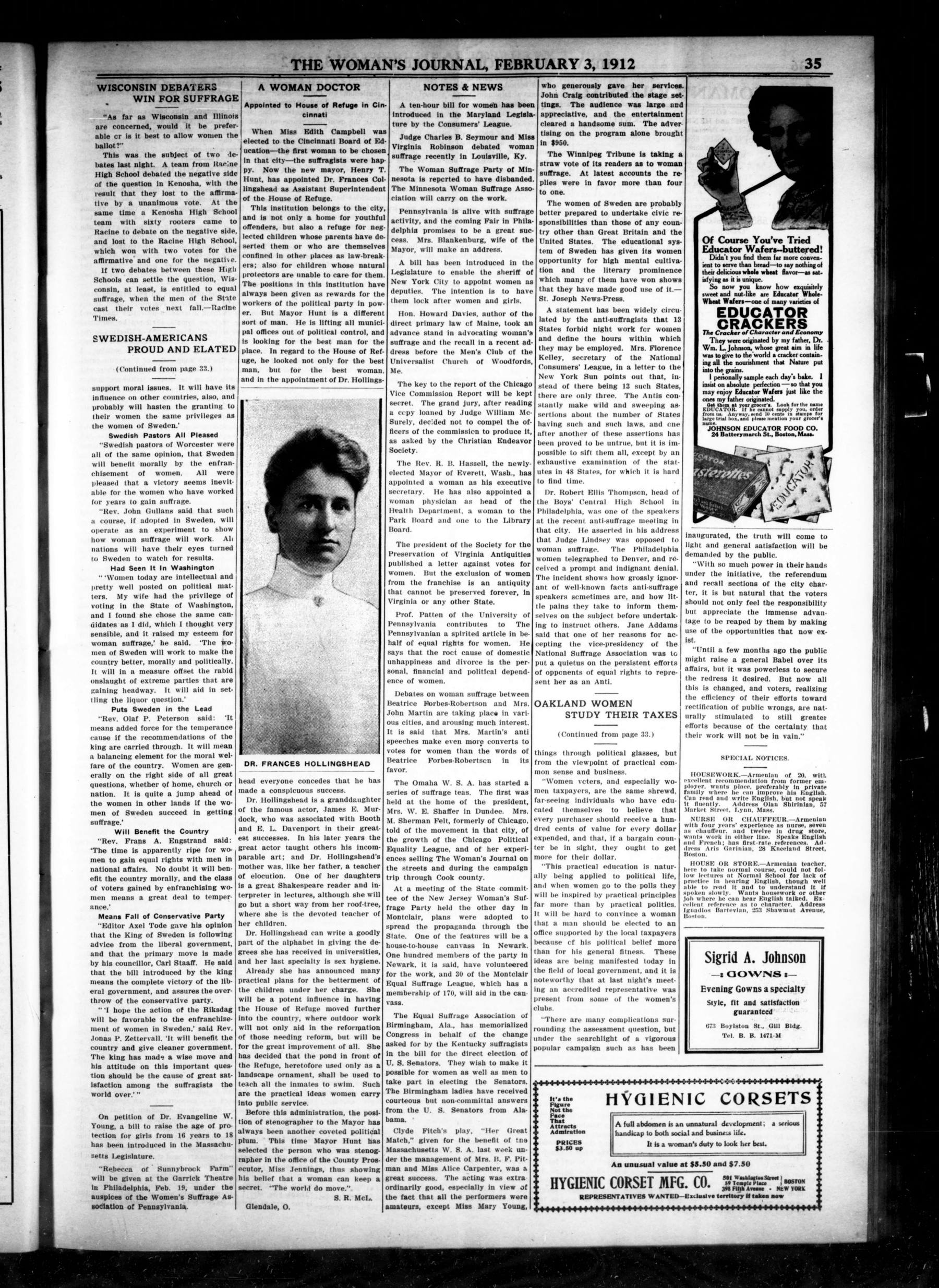 Page 3 of The Woman's Journal, vol. 43, no. 5, February 3, 1912, p. 35