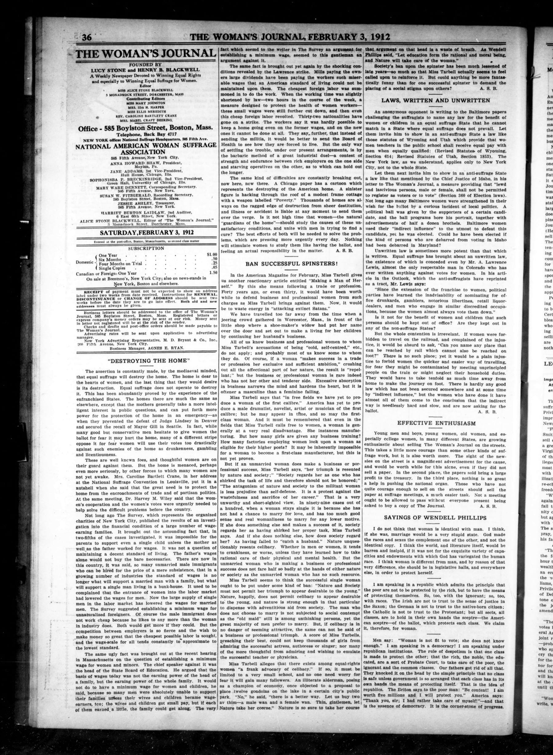 Page 4 of The Woman's Journal, vol. 43, no. 5, February 3, 1912, p. 36