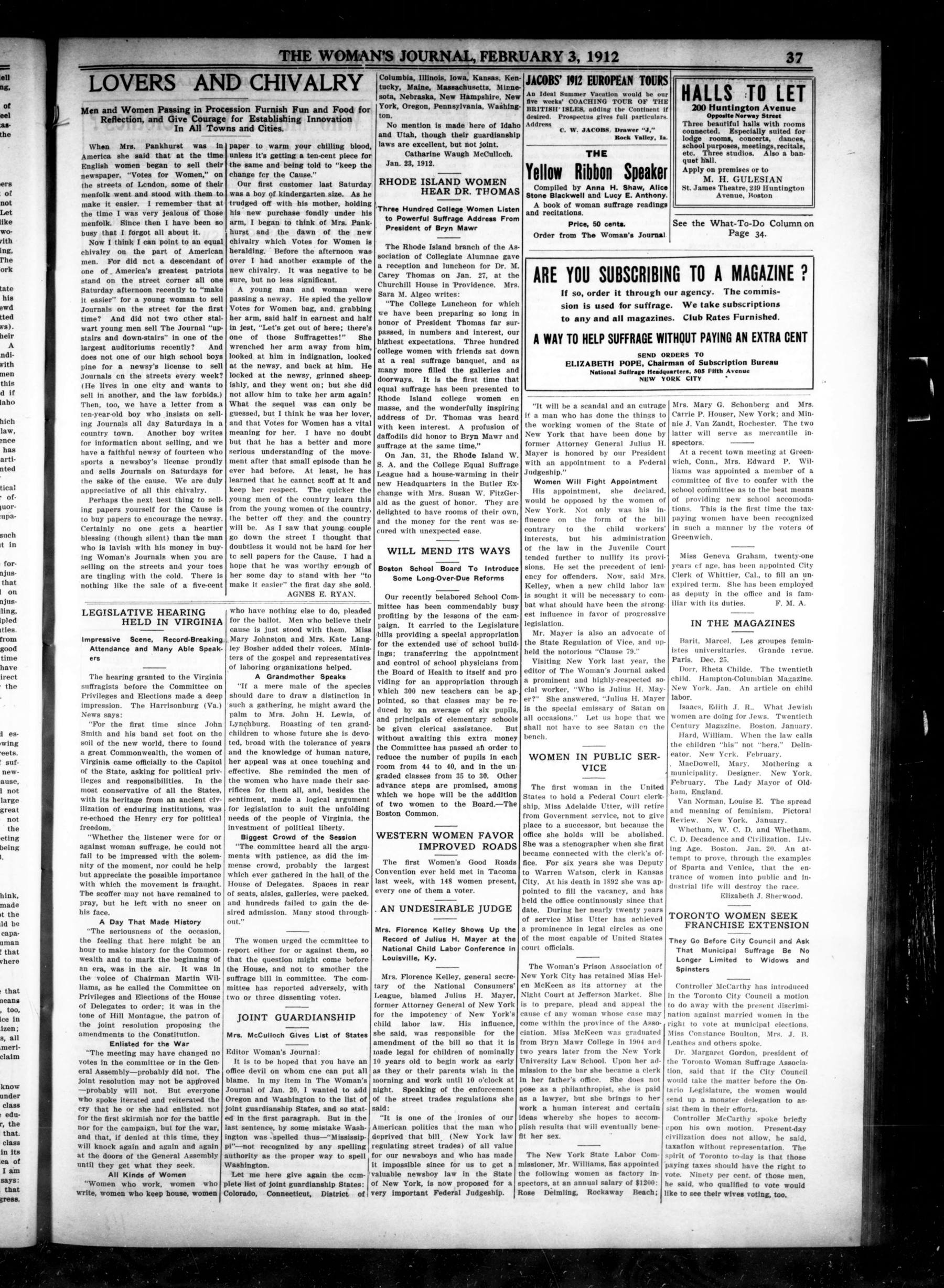 Page 5 of The Woman's Journal, vol. 43, no. 5, February 3, 1912, p. 37