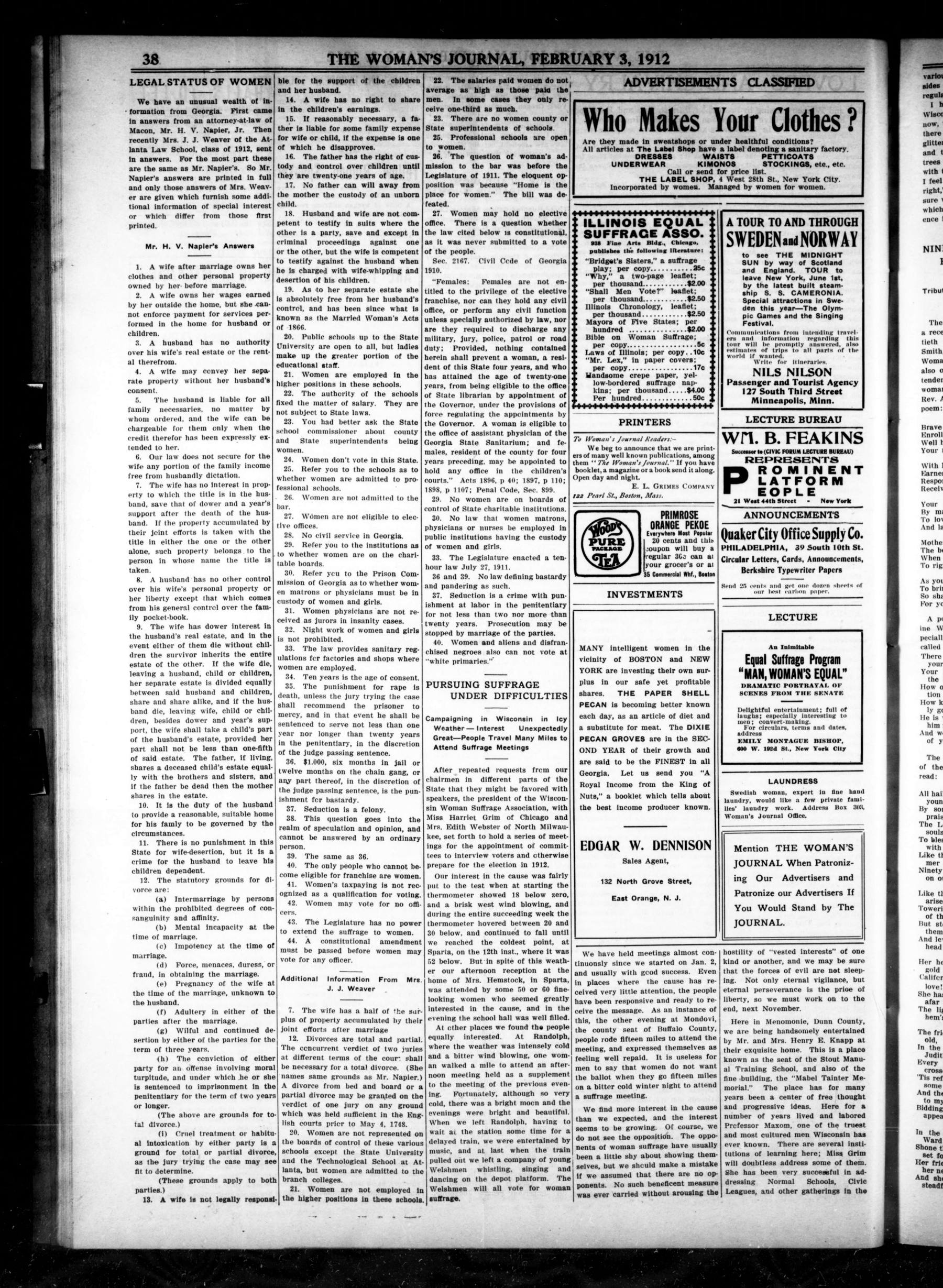 Page 6 of The Woman's Journal, vol. 43, no. 5, February 3, 1912, p. 38