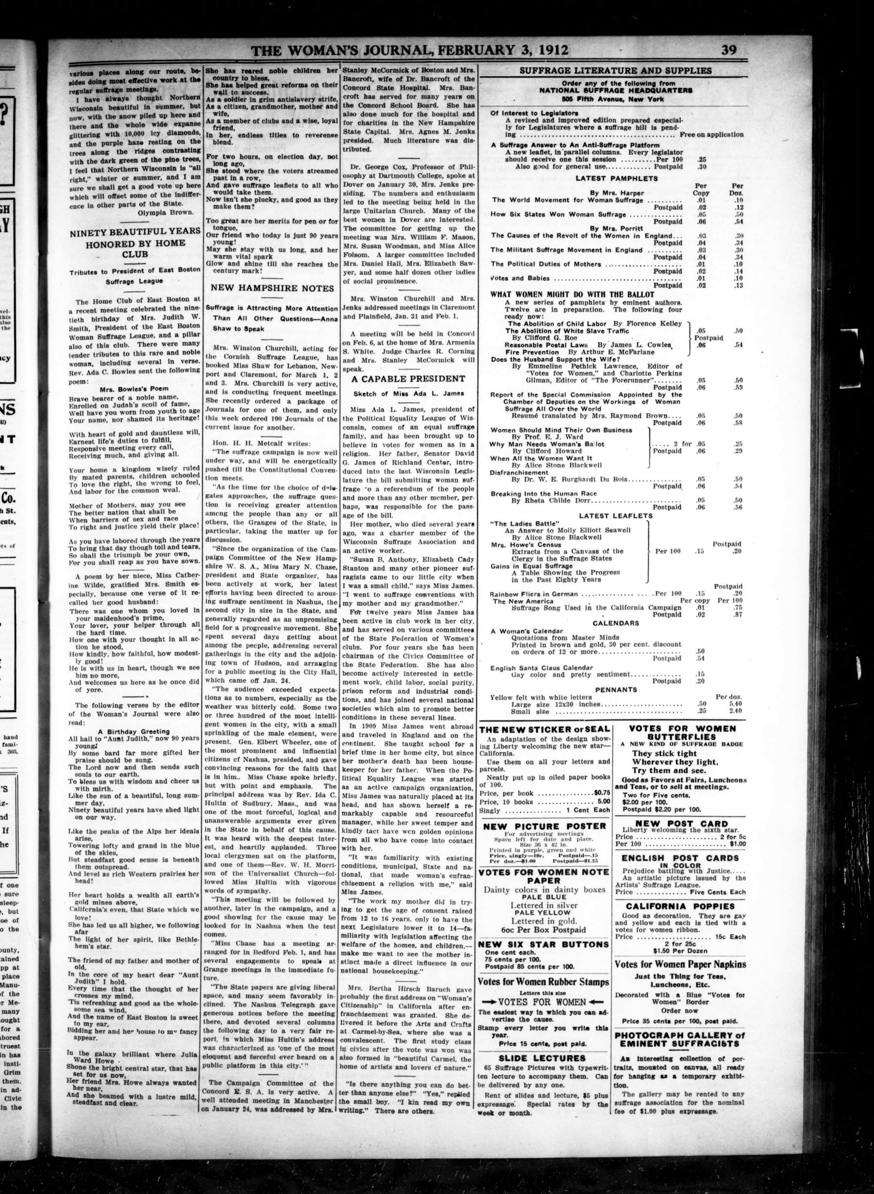 Page 7 of The Woman's Journal, vol. 43, no. 5, February 3, 1912, p. 39
