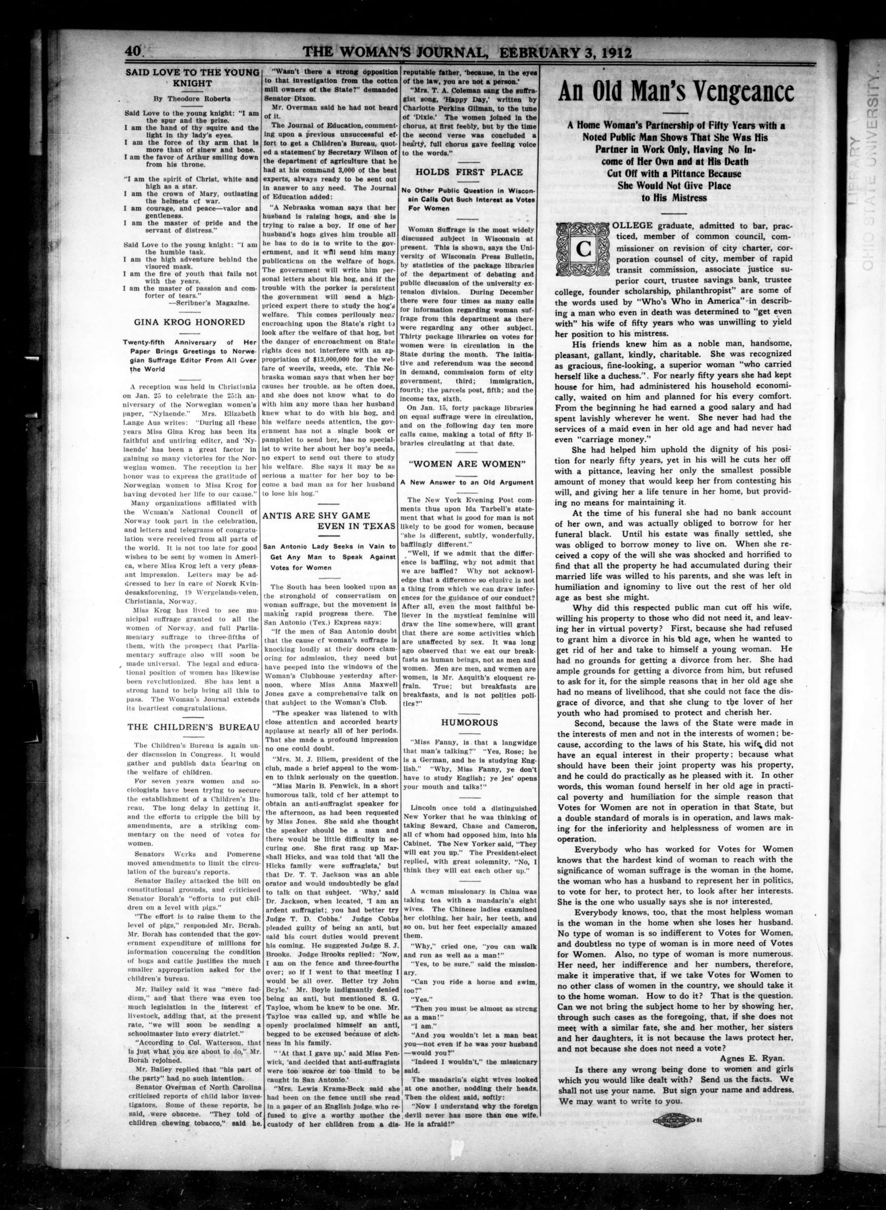 Page 8 of The Woman's Journal, vol. 43, no. 5, February 3, 1912, p. 40