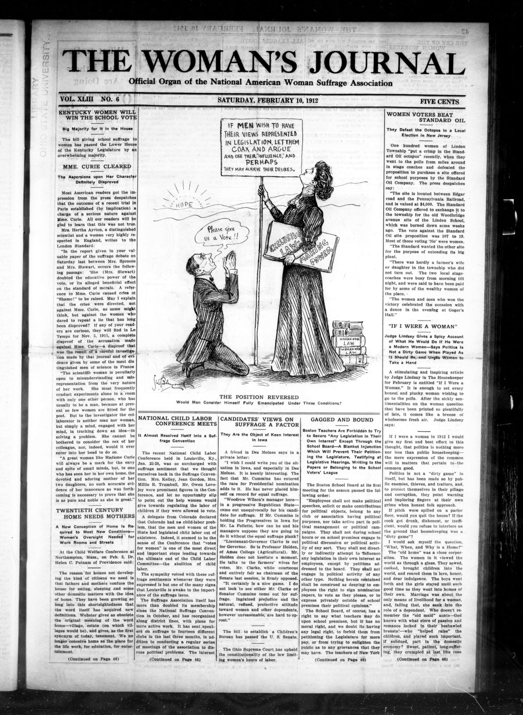 Page 1 of The Woman's Journal, vol. 43, no. 6, February 10, 1912, p. 41