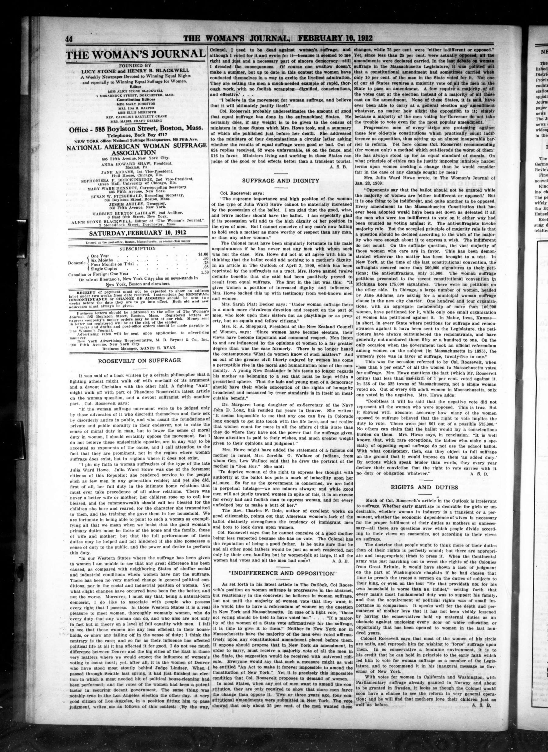 Page 4 of The Woman's Journal, vol. 43, no. 6, February 10, 1912, p. 44