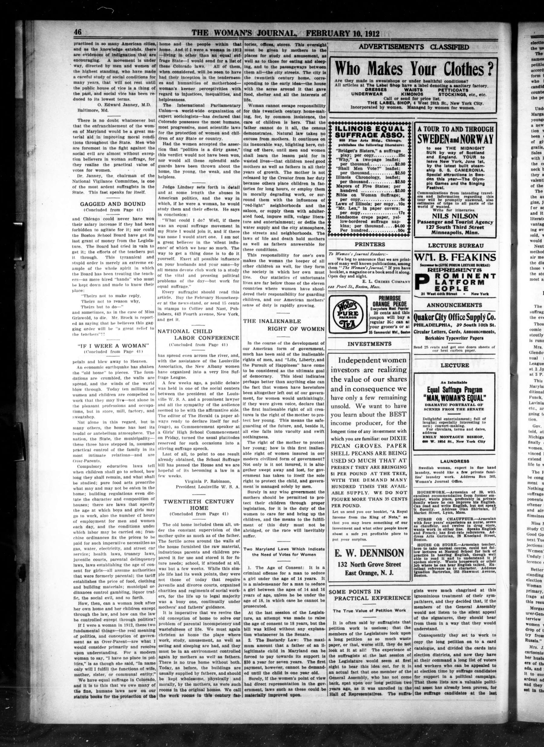 Page 6 of The Woman's Journal, vol. 43, no. 6, February 10, 1912, p. 46