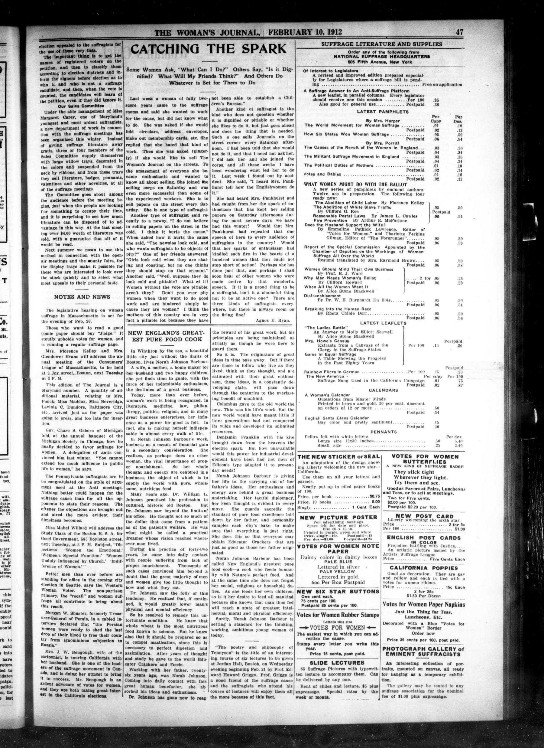 Page 7 of The Woman's Journal, vol. 43, no. 6, February 10, 1912, p. 47