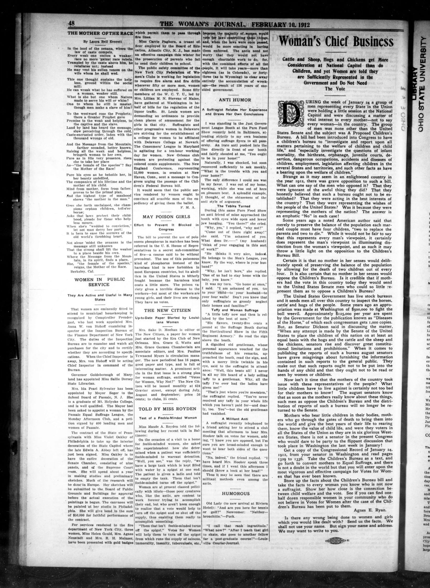 Page 8 of The Woman's Journal, vol. 43, no. 6, February 10, 1912, p. 48