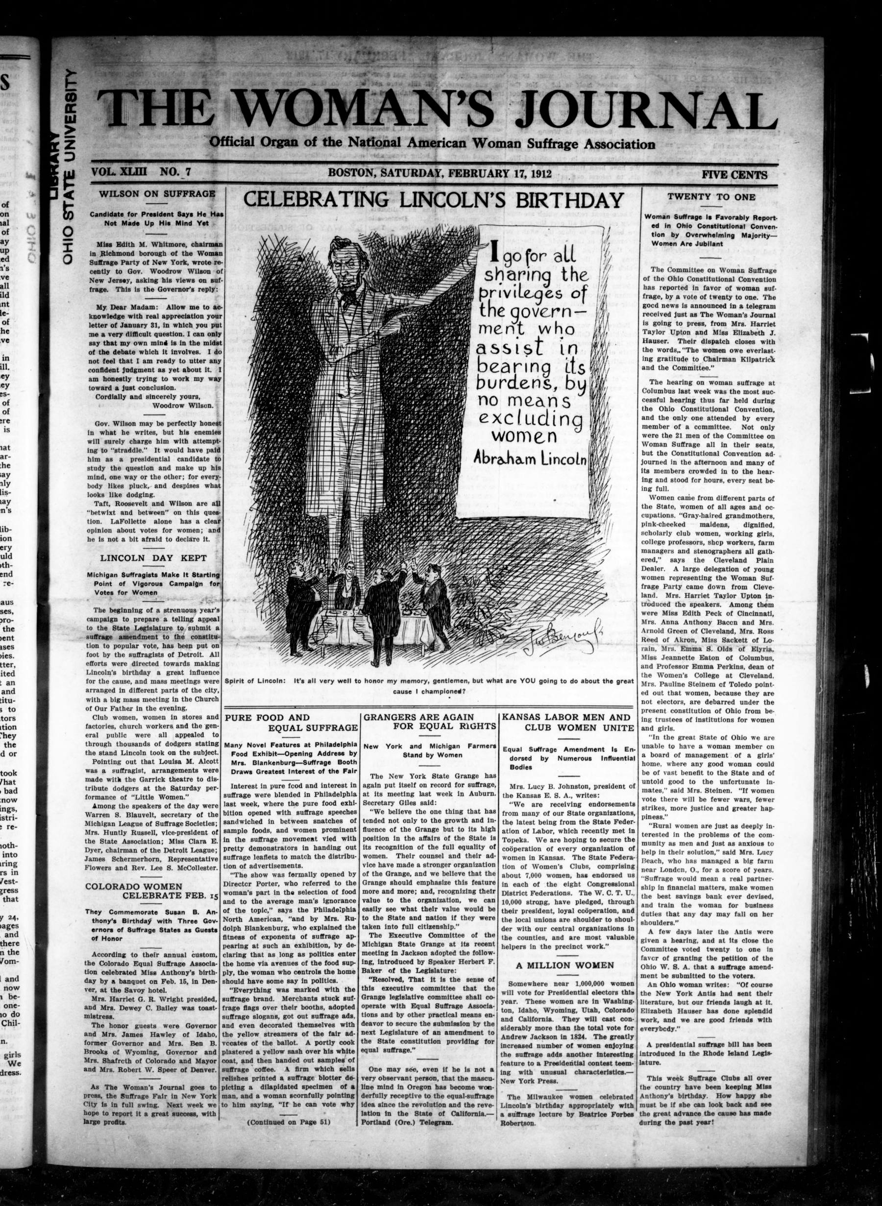 Page 1 of The Woman's Journal, vol. 43, no. 7, February 17, 1912, p. 49
