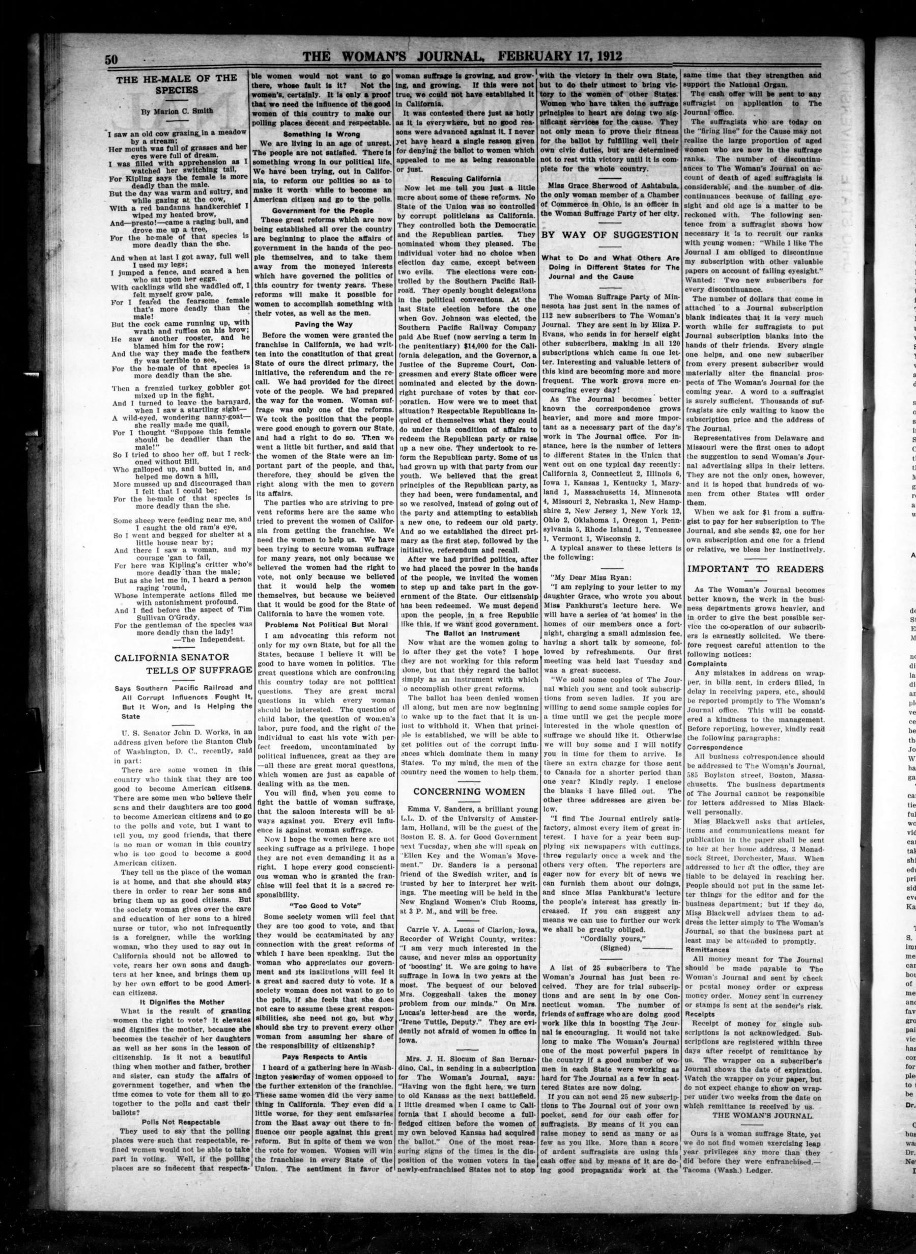 Page 2 of The Woman's Journal, vol. 43, no. 7, February 17, 1912, p. 50