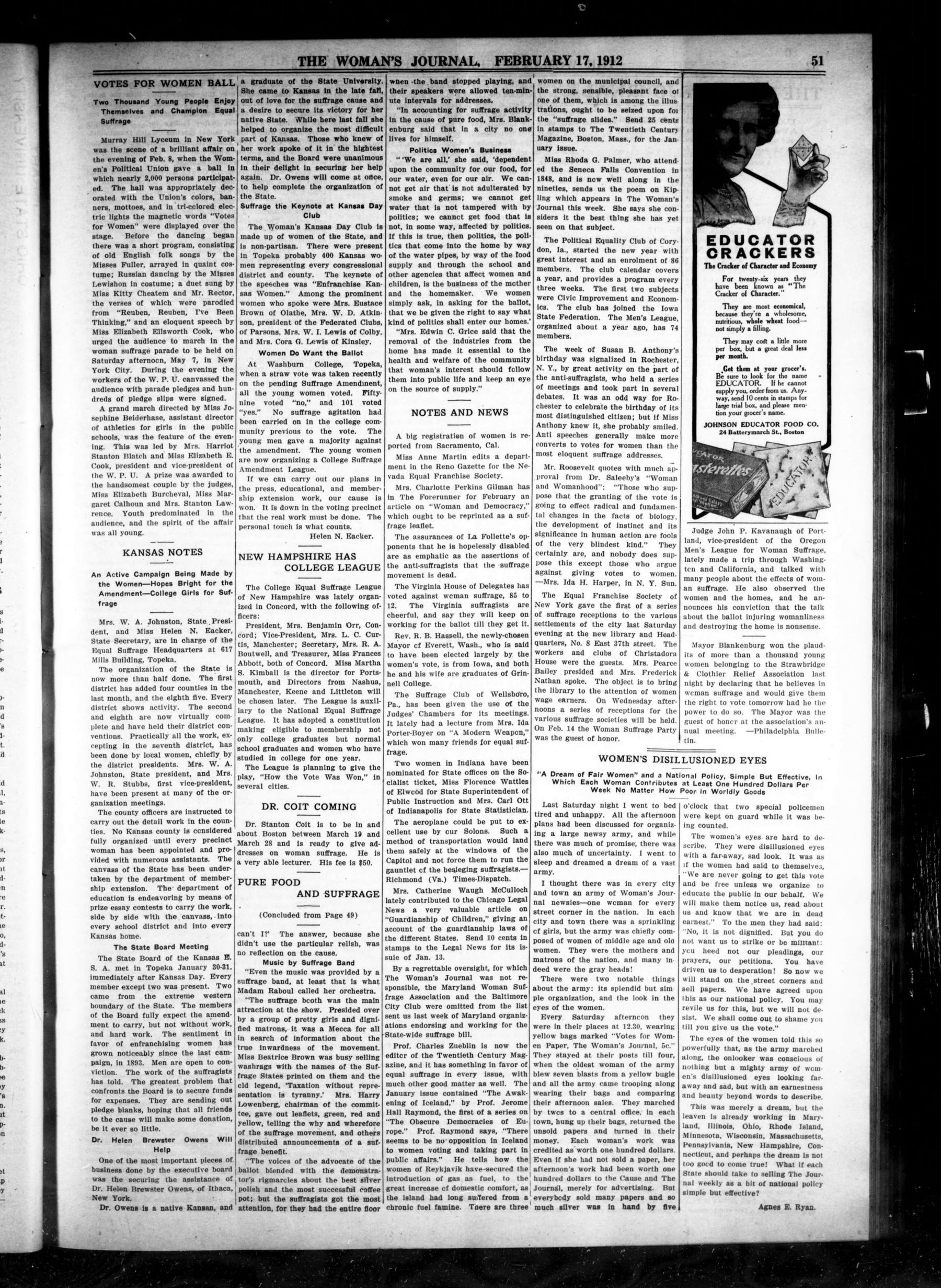 Page 3 of The Woman's Journal, vol. 43, no. 7, February 17, 1912, p. 51