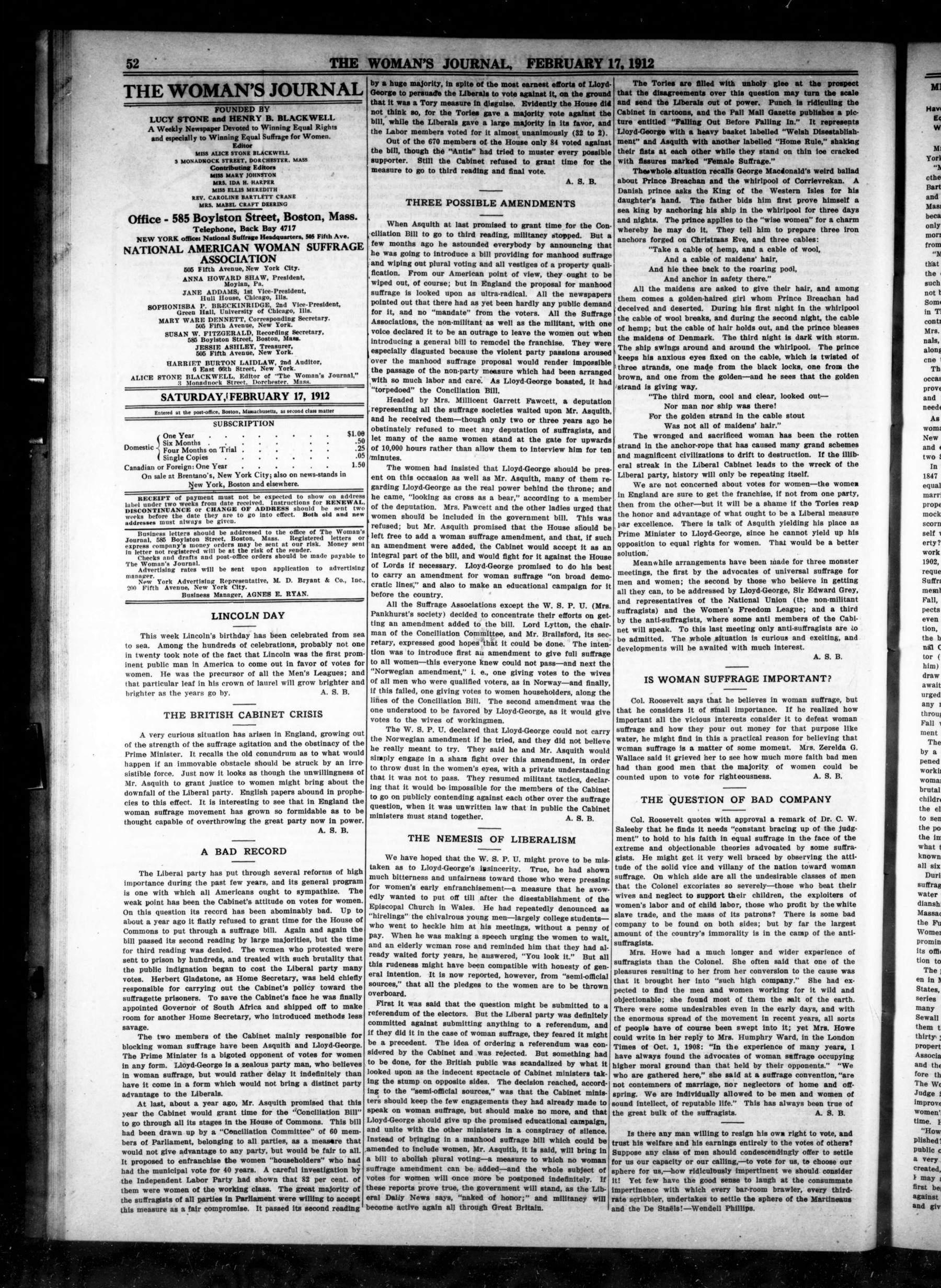 Page 4 of The Woman's Journal, vol. 43, no. 7, February 17, 1912, p. 52