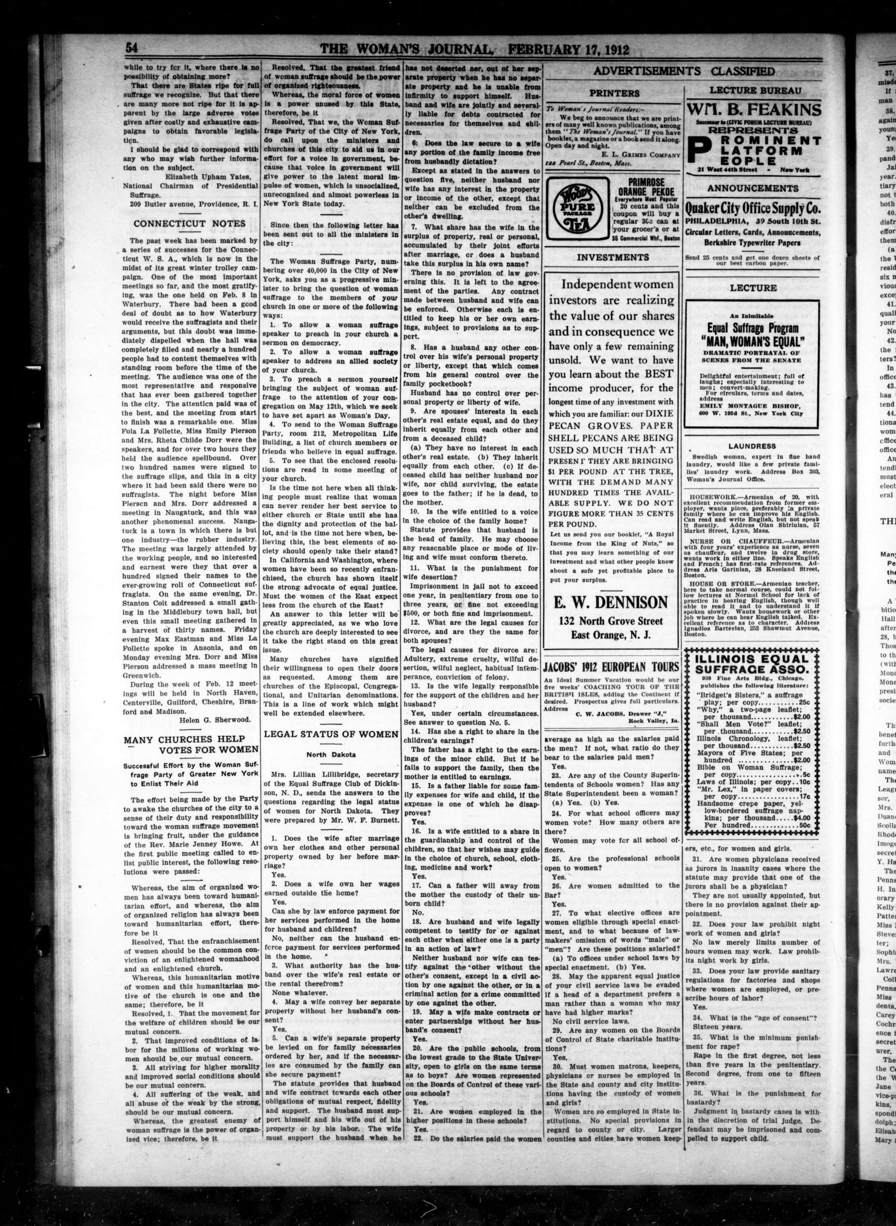 Page 6 of The Woman's Journal, vol. 43, no. 7, February 17, 1912, p. 54
