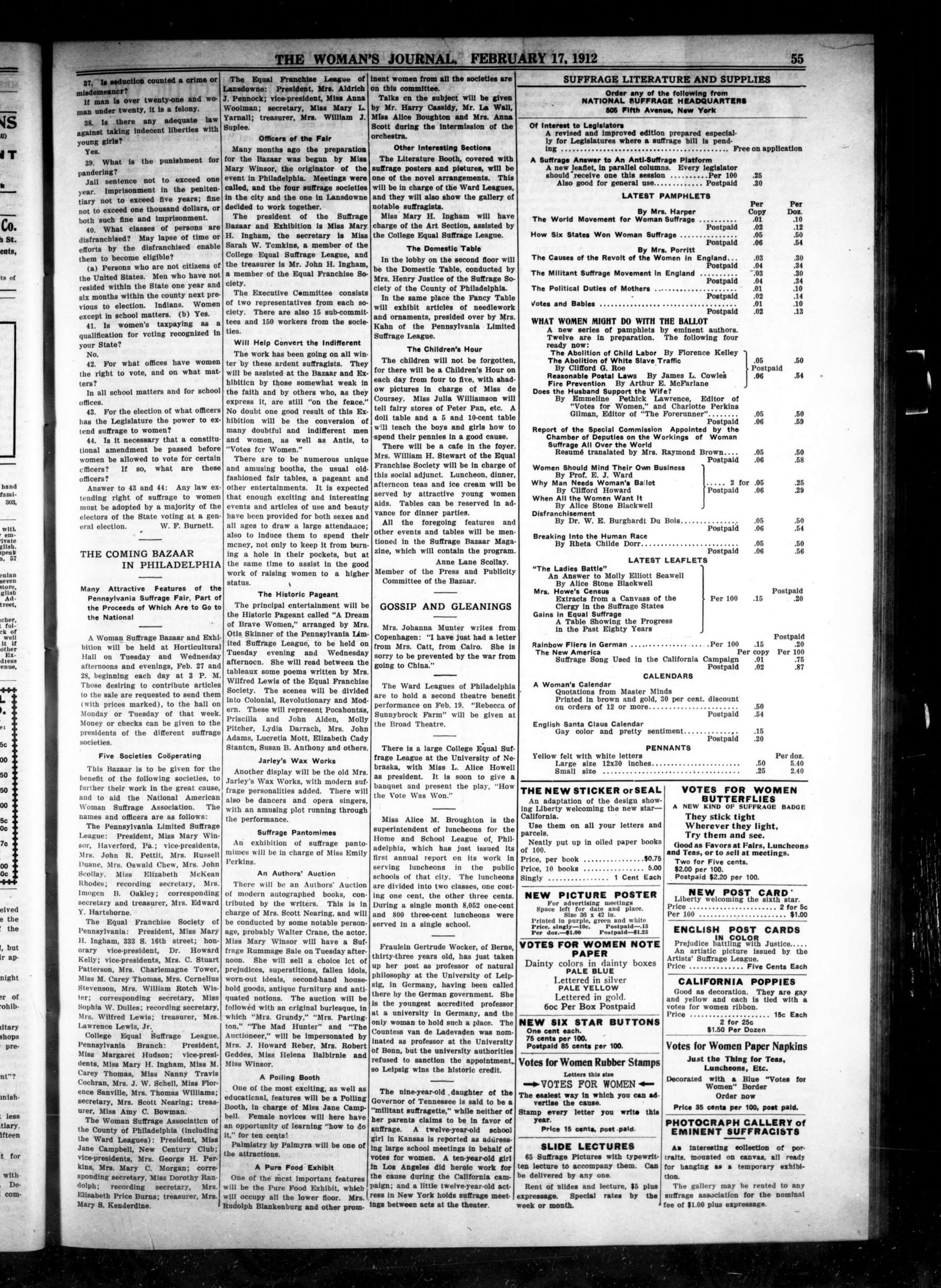 Page 7 of The Woman's Journal, vol. 43, no. 7, February 17, 1912, p. 55
