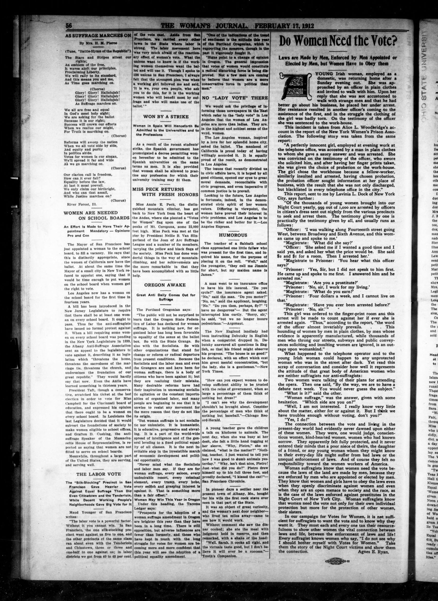 Page 8 of The Woman's Journal, vol. 43, no. 7, February 17, 1912, p. 56