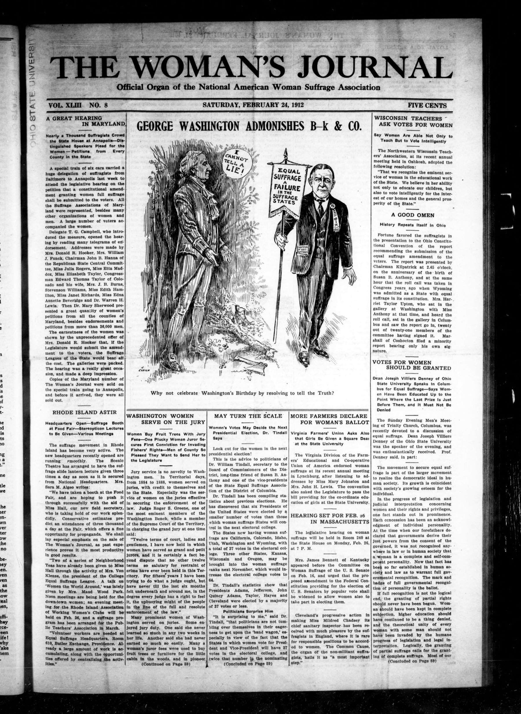 Page 1 of The Woman's Journal, vol. 43, no. 8, February 24, 1912, p. 57