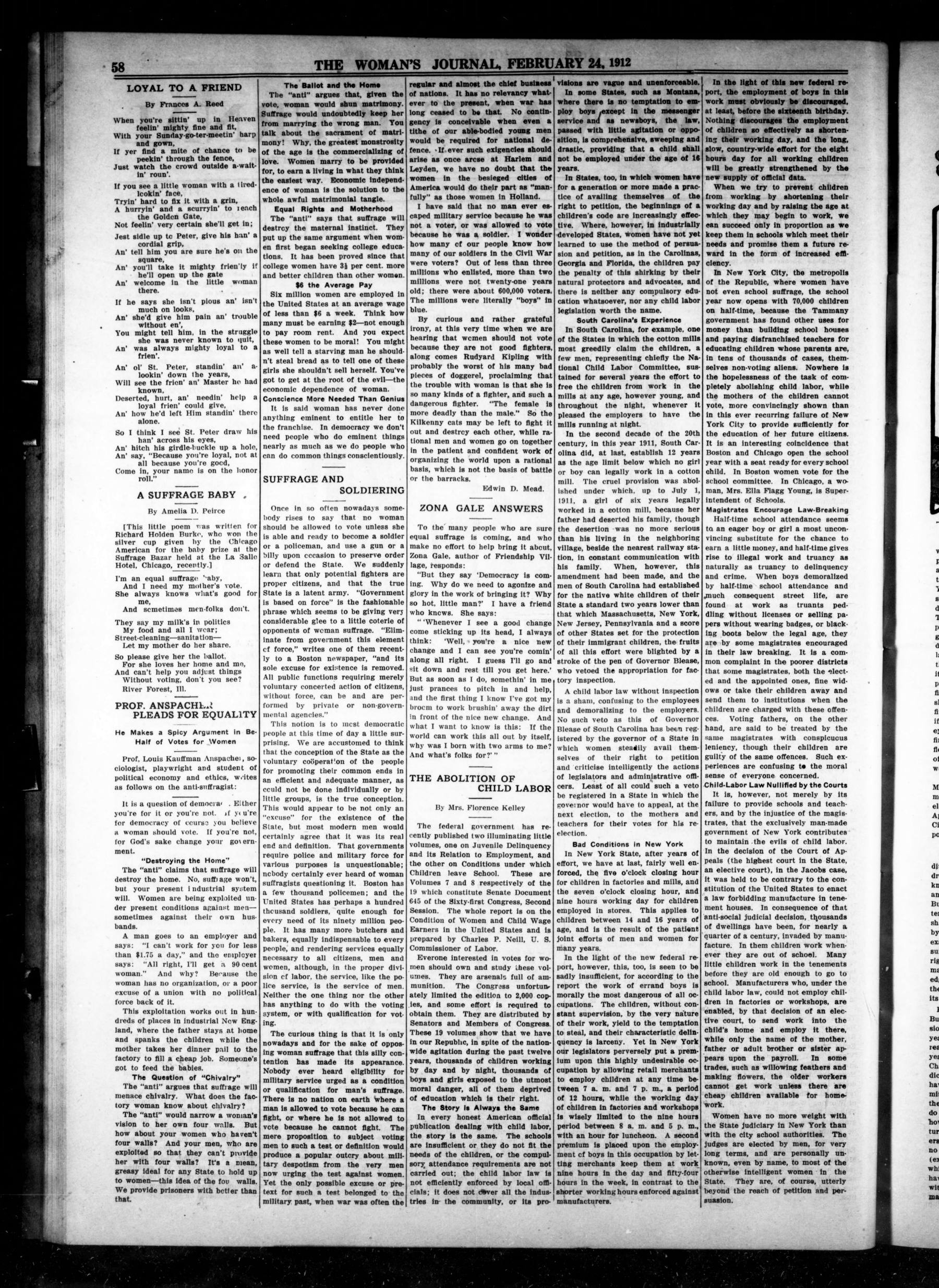 Page 2 of The Woman's Journal, vol. 43, no. 8, February 24, 1912, p. 58