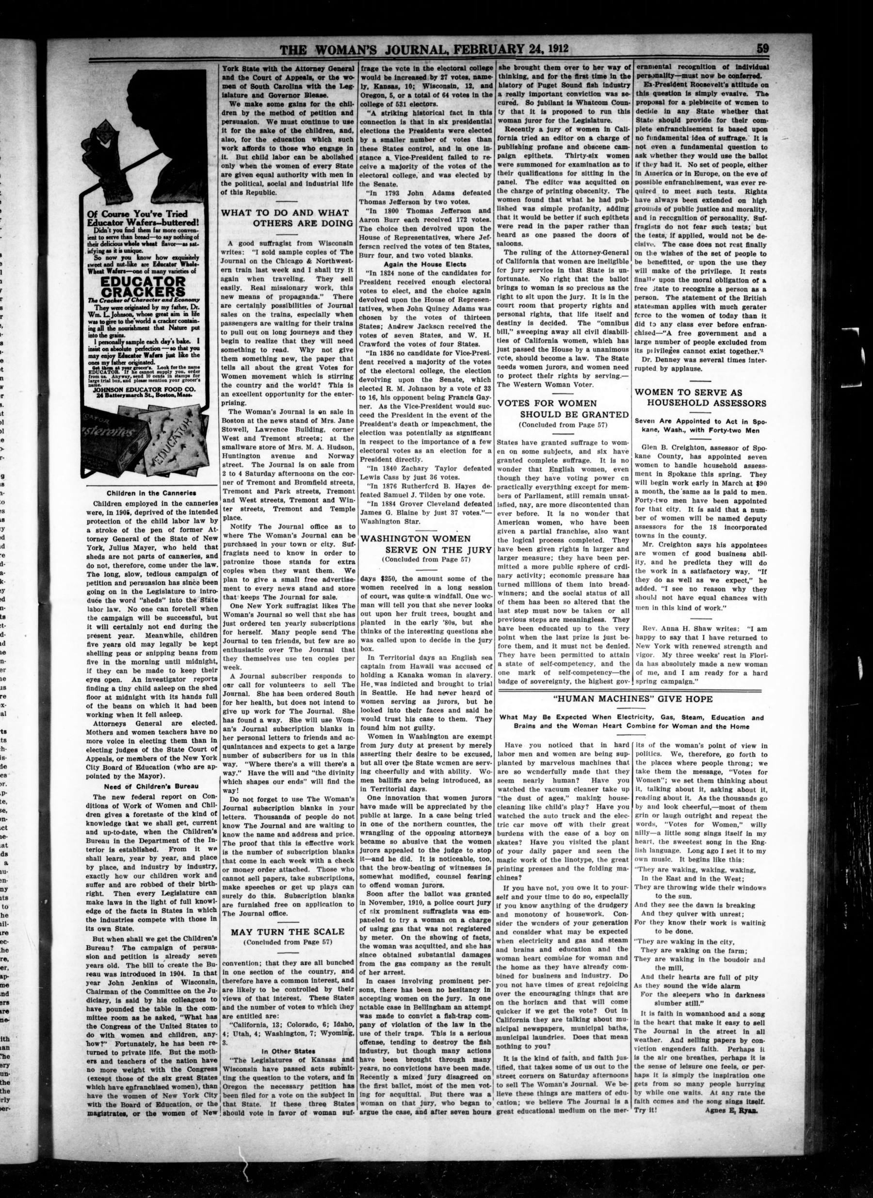 Page 3 of The Woman's Journal, vol. 43, no. 8, February 24, 1912, p. 59
